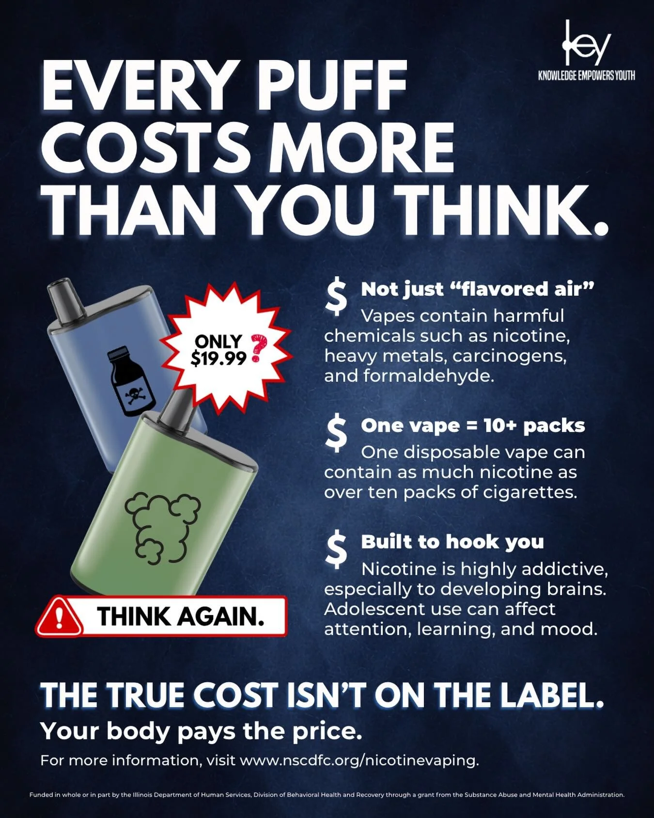 Don&rsquo;t fall for the marketing.
Vapes can contain high levels of nicotine and harmful chemicals that affect your brain and body. 🫁🫀🧠

Learn the facts to protect your health at www.nscdfc.org/nicotinevaping.