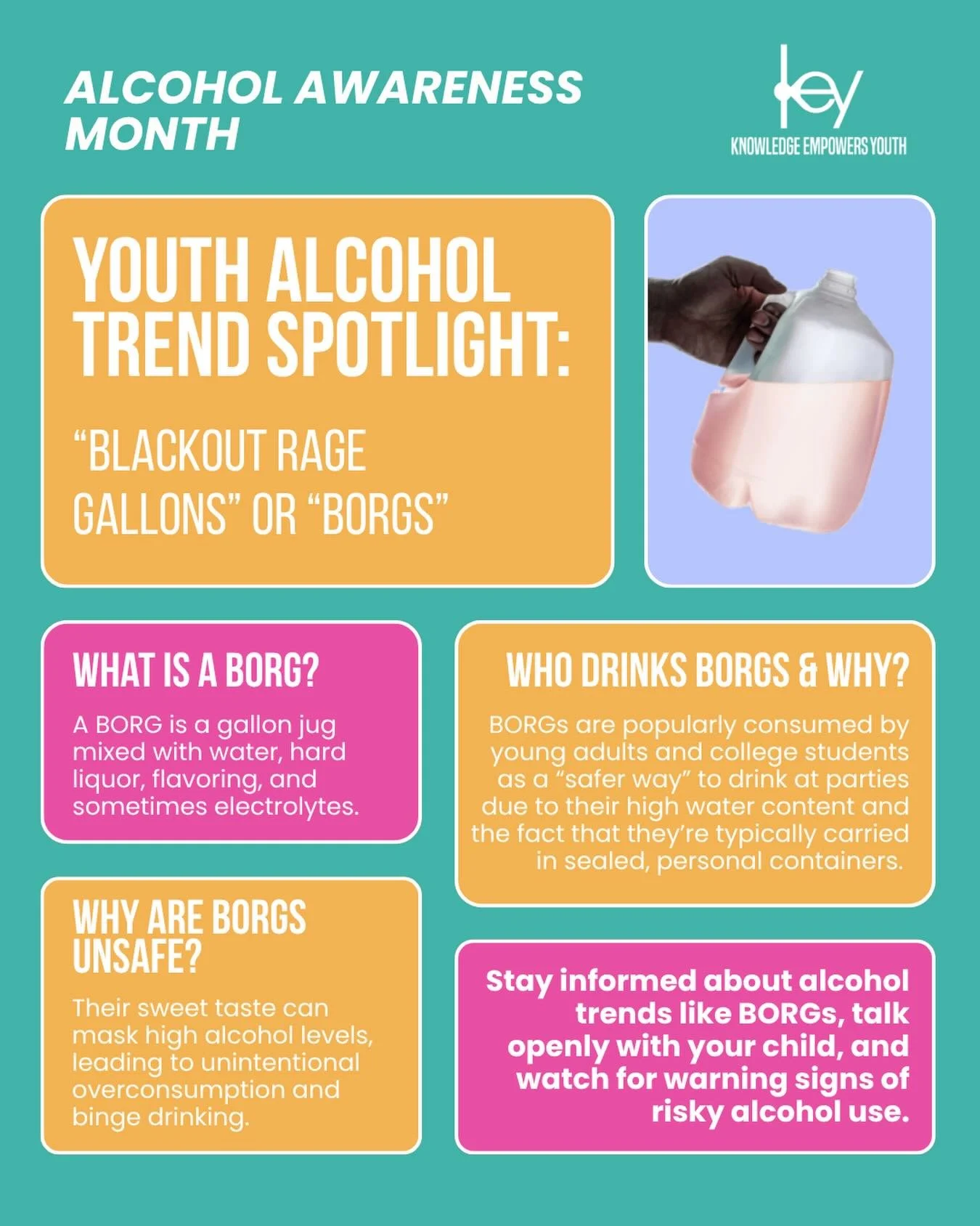 BORGs (Blackout Rage Gallons) may seem like a &ldquo;safer&rdquo; way to drink, but they can mask high alcohol intake and increase the risk of overconsumption.
Start the conversation early and talk with your child about the trends they see online.

#