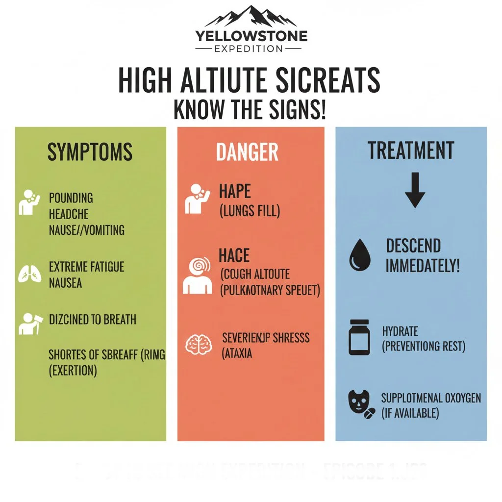 Infographic outlining high altitude sickness symptoms such as pounding headaches and nausea, severe risks like HAPE and HACE, and emergency field treatments including immediate descent.