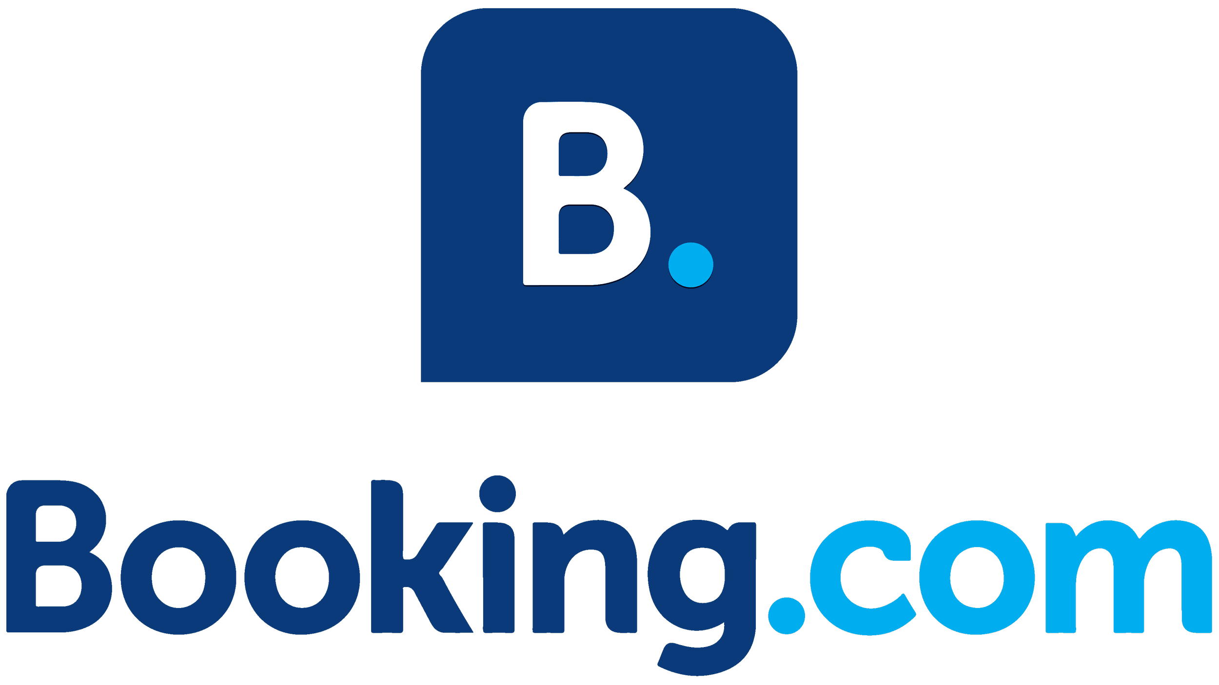 Booking.com logo featuring a blue square with rounded corners and a white letter 'B' followed by a blue dot, with the text 'Booking.com' in blue below.