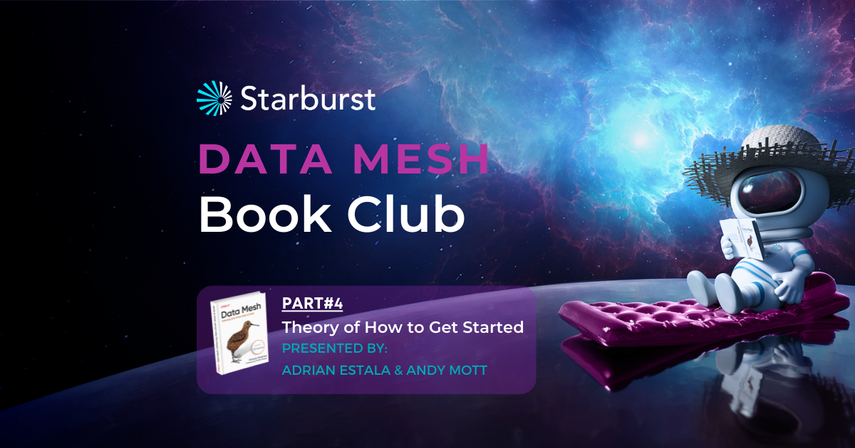 Starburst Data Mesh Book Club promotional image featuring a cartoon astronaut reading on a lilo against a cosmic backdrop. Text highlights Part 4, "Theory of How to Get Started," presented by Adrian Estala and Andy Mott.