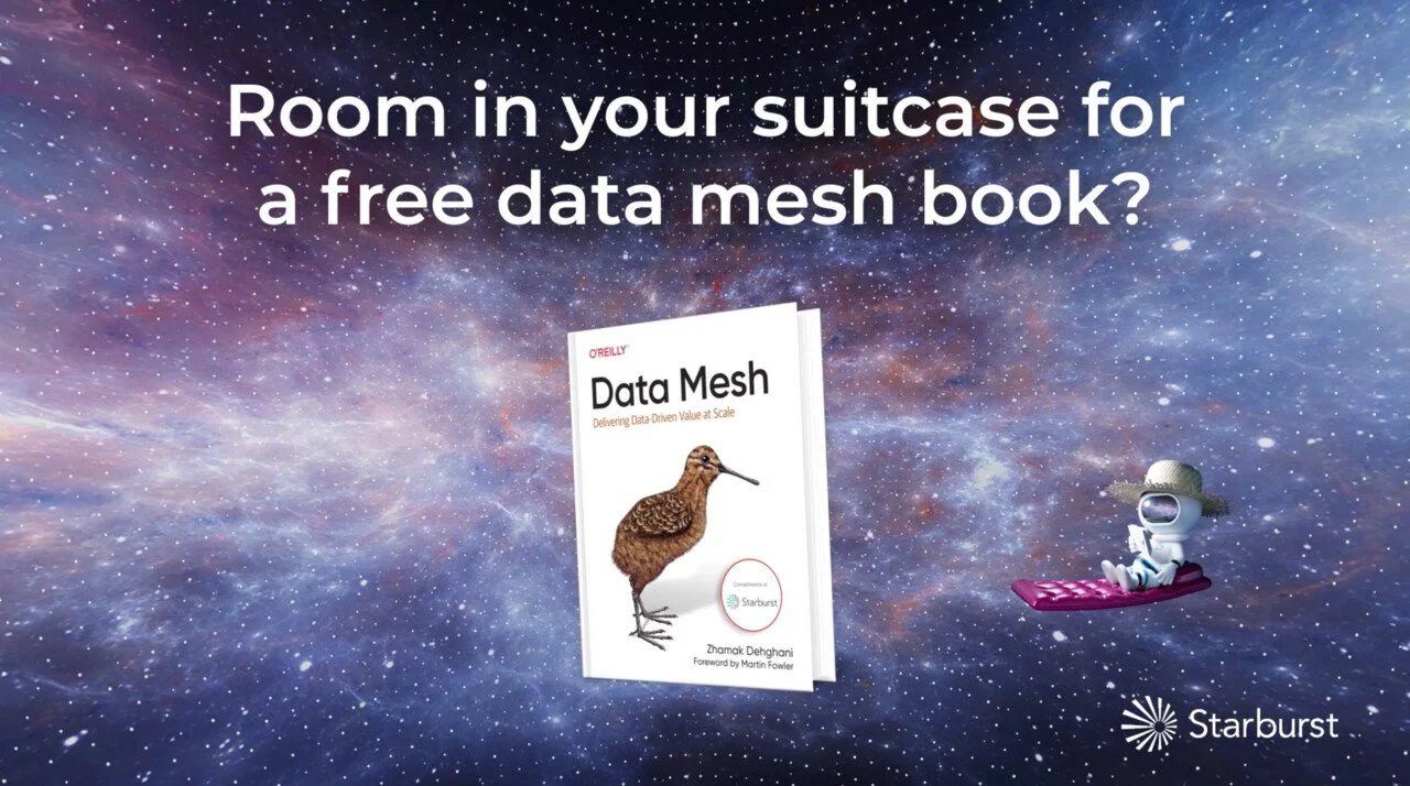 Promotional image featuring the cover of a book titled 'Data Mesh: Delivering Data-Driven Value at Scale' by Zhamak Dehghani. The background is a starry sky, with text asking about suitcase space for a free data mesh book. Includes a cartoon characte