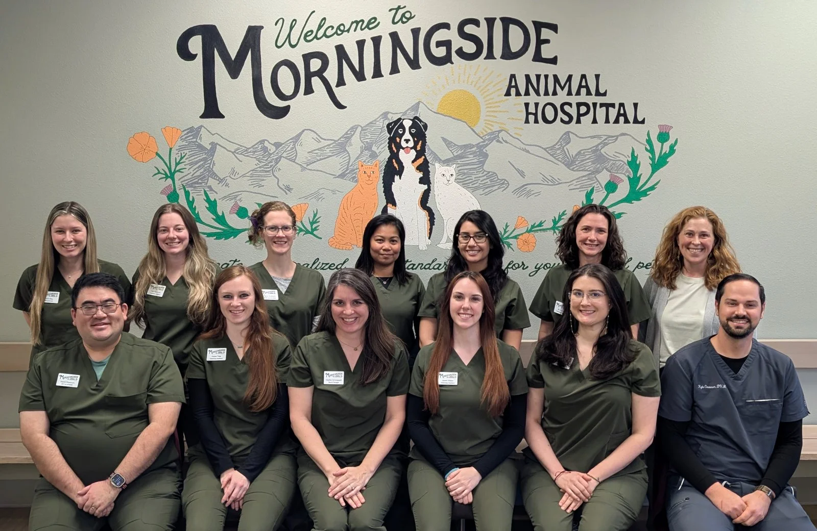 Group of 12 veterinary staff members posing for a photo in front of a mural at Morningside Animal Hospital, with some members seated and others standing, all smiling, in uniform.