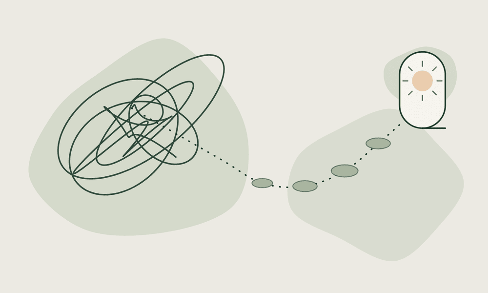 Illustration of tangled thoughts leading along stepping stones to a calm light