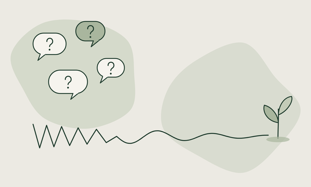 Illustration of a jagged worry line settling into a calm wave and a growing sprout