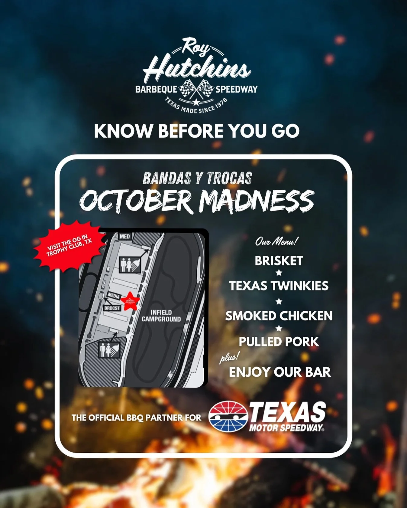 We&rsquo;re back at the Speedway for @bandasytrocas 🏁

Take a Pit Stop! 🔥 

Stop by the Infield for Texas BBQ 🙌

🔥Brisket
🔥Texas Twinkies
🔥Pulled Pork
🔥Chicken
and much more!

Plus! Stay hydrated at our bar 🍻

The Official BBQ Partner of @txm