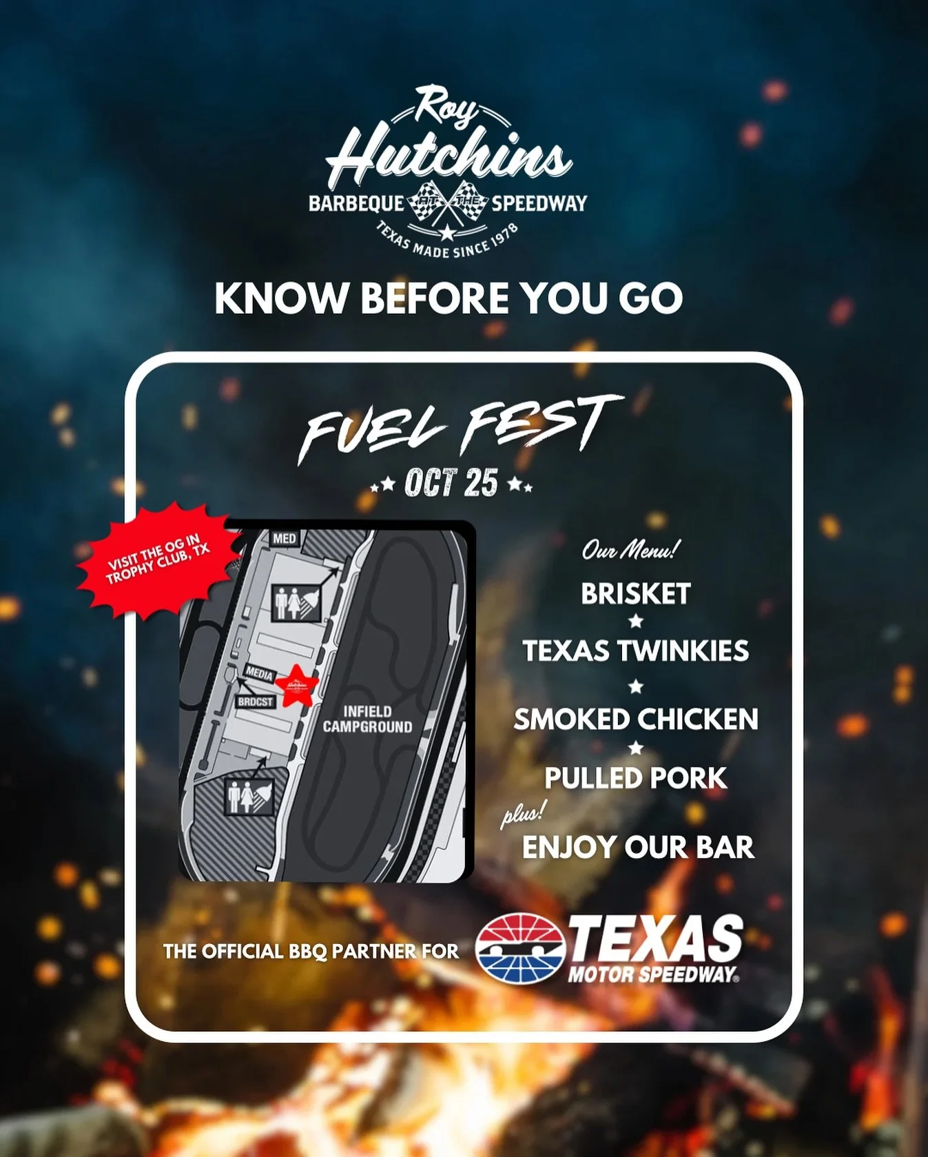 Ready for @fuelfest? 🏁
Swing by for a bite of Top Rated Texas BBQ right here at @txmotorspeedway 🙌
🔥Brisket
🔥Texas Twinkies
🔥Smoked Chicken 
🔥Pulled Pork
and much more!
PLUS! Enjoy our bar 🍻
The Original Roy Hutchins Barbeque is the Offici