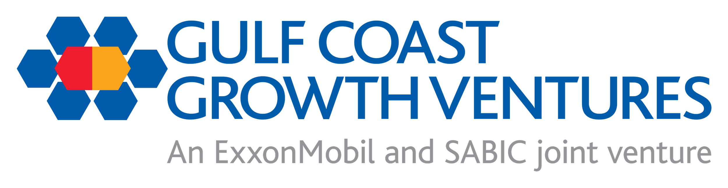 Gulf Coast Growth Ventures logo featuring a cluster of blue hexagons with a red and yellow central hexagon, text in blue and gray indicating it's a joint venture between ExxonMobil and SABIC.