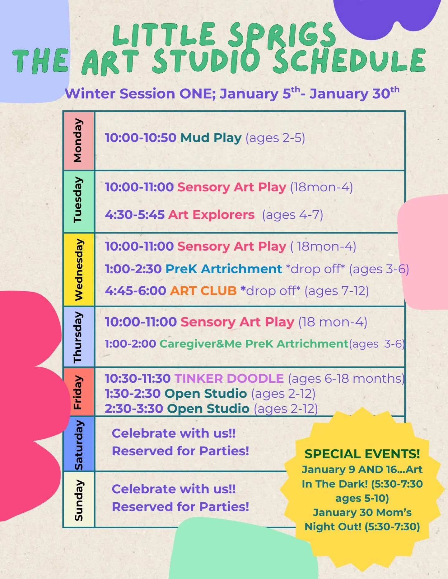 January Session in Live on our website!!! 4 week mini session with options for all ages!! 

Art explorers is BACK!
Mud (aka SNOW) play has one special Monday!
Tinker Doodle Baby class is staying!
Open studio hours are re-imagined for maker space crea