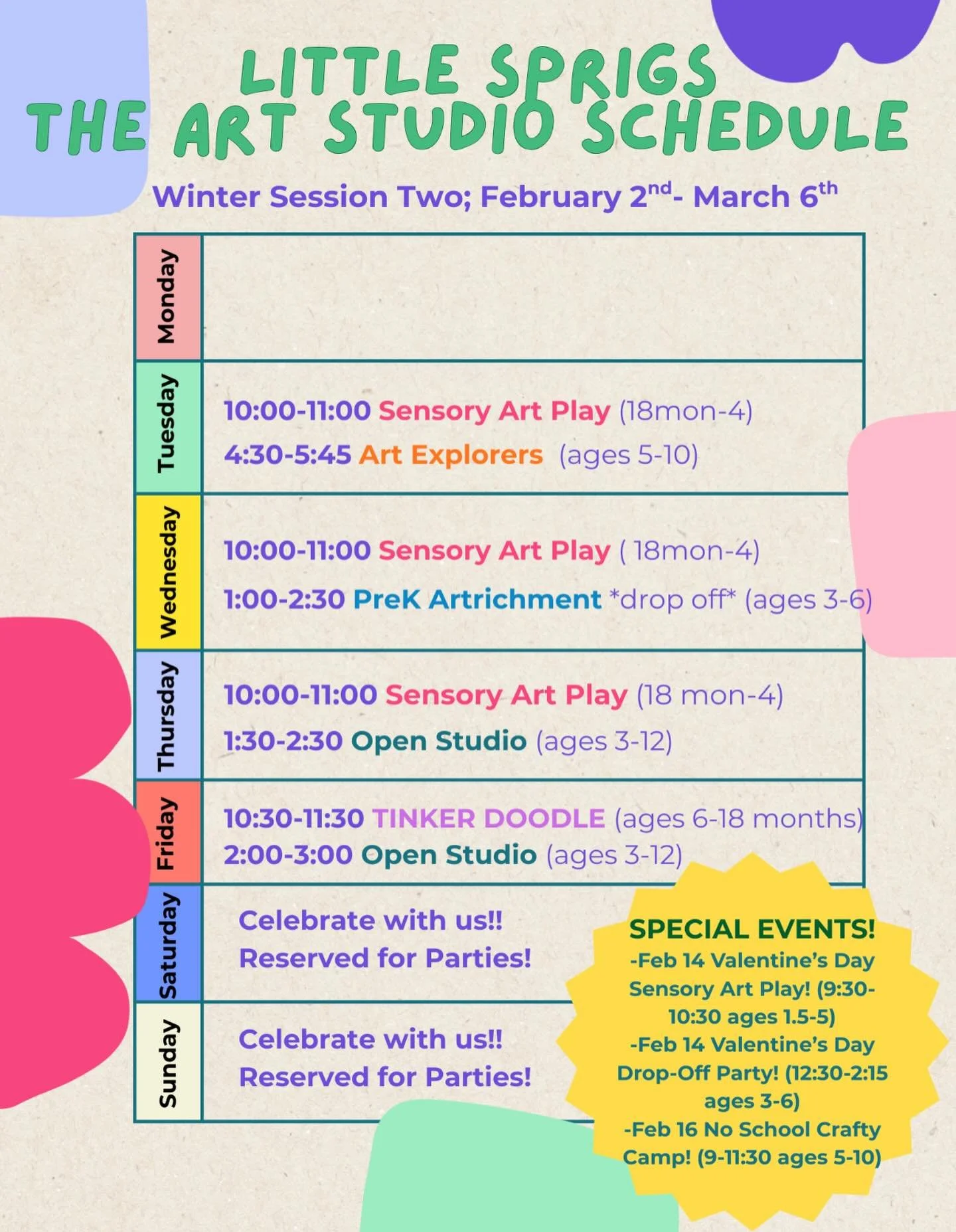 Join us for 5 weeks in February (and early March!) as we paint, play, and create! We will be celebrating LOVE MONTH!!💕