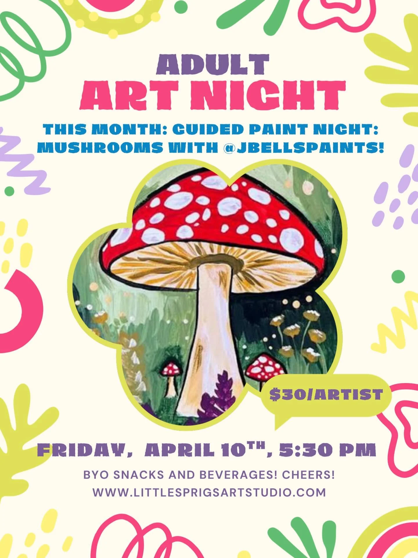 It&rsquo;s here!!- Our FIRST guided paint night for adults! You all asked, and the wonderful @jbellspaints obliged; she will be guiding us through painting mushrooms and how to make them our own in true little sprigs fashion- all while creating an en