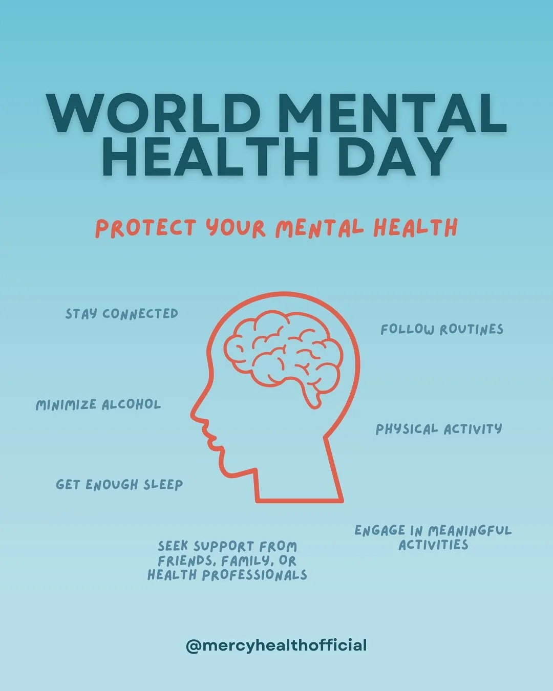 Today is World Mental Health Day! Prioritize your mental health by staying connected, being physically active, and following routines. Minimize alcohol use, engage in meaningful and enjoyable activities, and seek support from trusted friends, family,