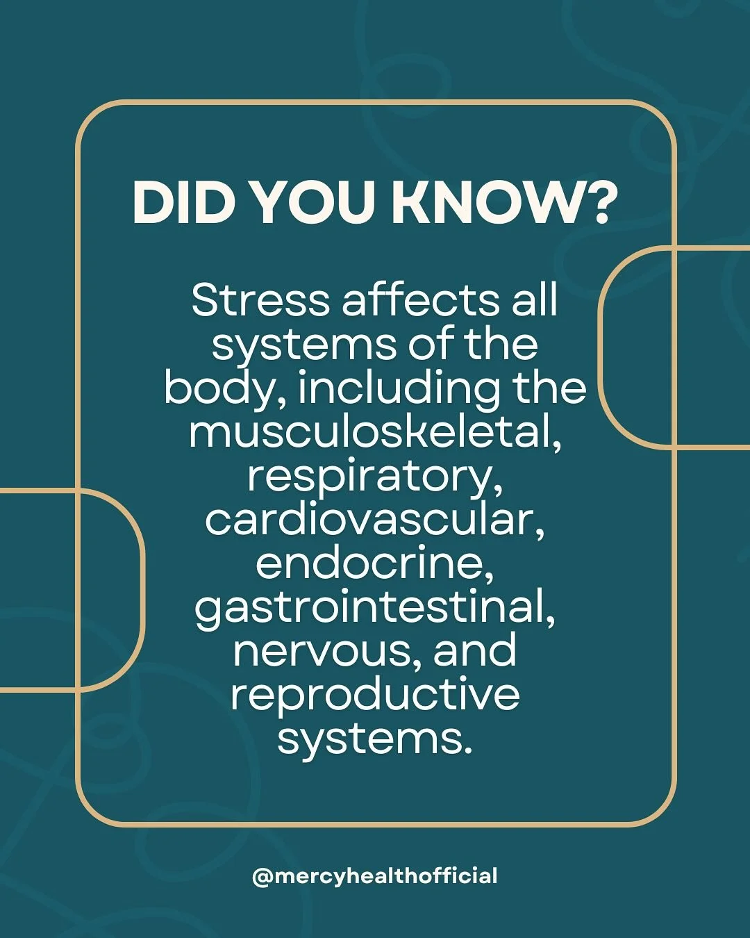 Stress affects all systems of the body, including the musculoskeletal, respiratory, cardiovascular, endocrine, gastrointestinal, nervous, and reproductive systems. We can handle stress in small doses, but when that stress becomes chronic, it can have