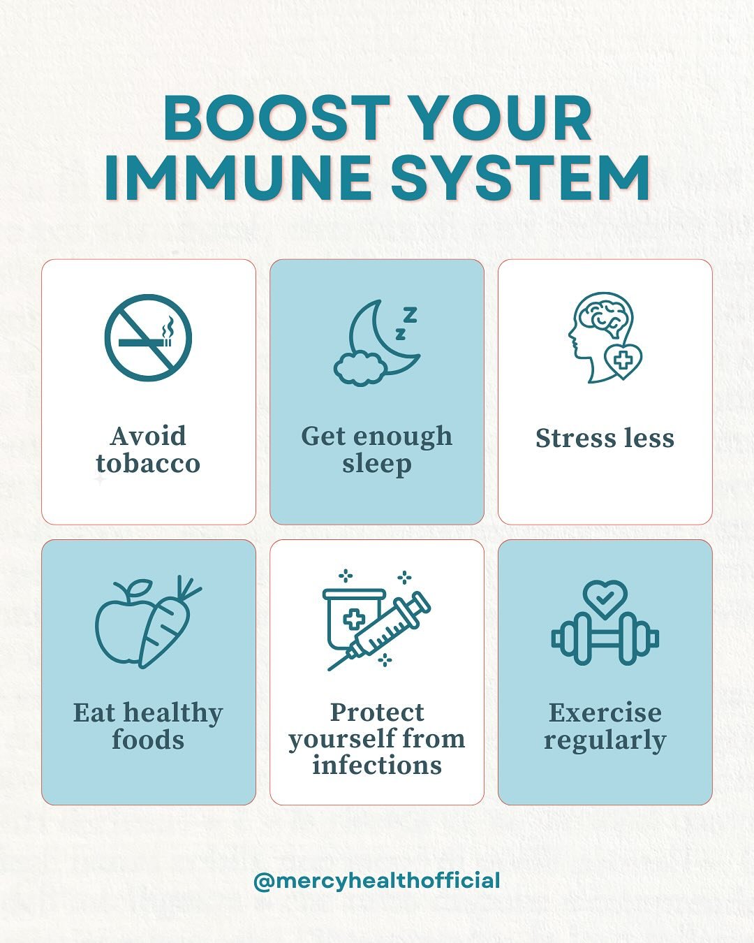 Here are six ways to boost your immune system, especially during the cold and flu season (Kaiser).

1. Avoid tobacco: Tobacco use causes inflammation that weakens your immune system and makes you more likely to get sick.
2. Get enough sleep: Sleep he