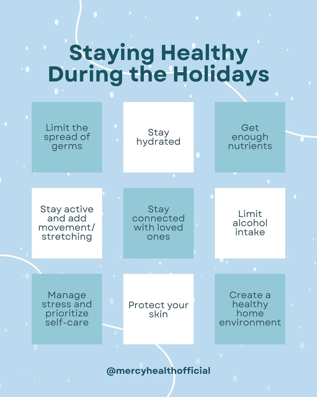 Here are some ways to stay mentally and physically healthy! Protect yourself and those around you this holiday season. Stay safe and happy holidays!

#mercyhealth #covid #covid19 #publichealth #communityhealth #publichealtheducation #health #covidvac