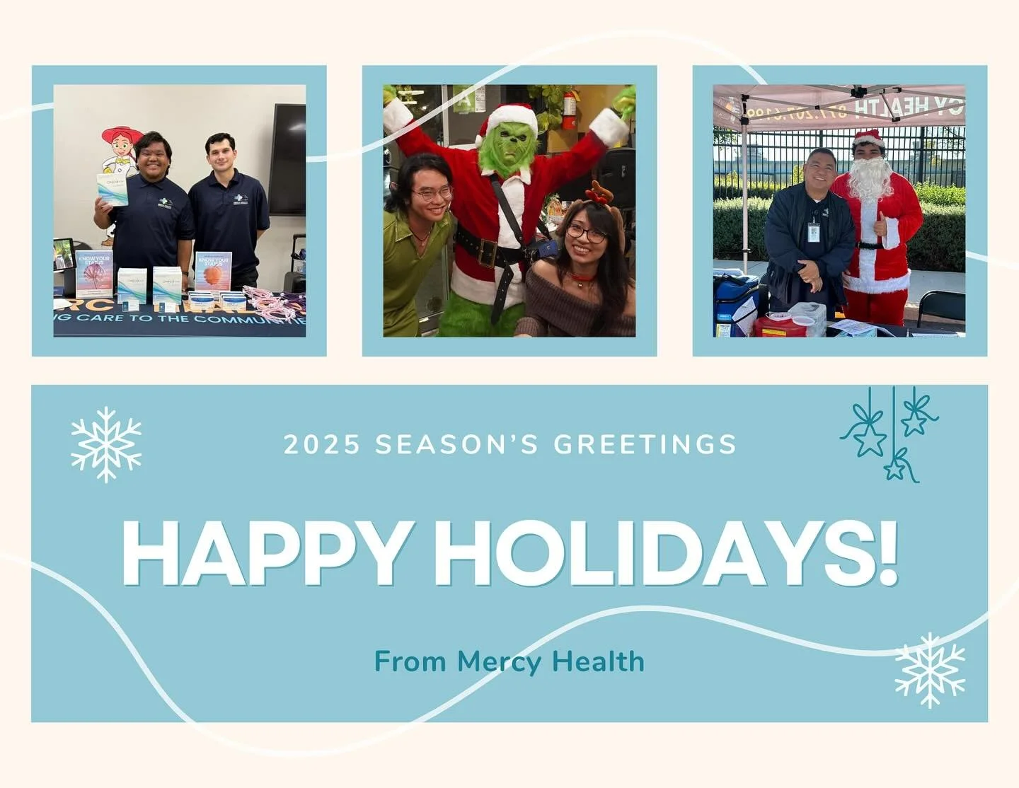 Happy holidays from the Mercy Health team! We wish you all a safe and healthy holiday! 😊💙