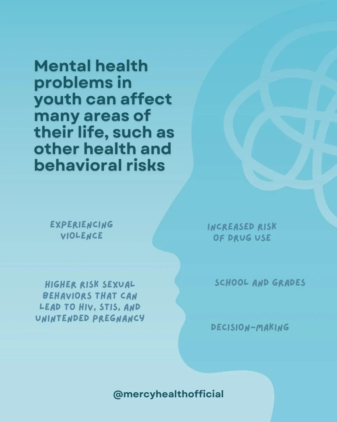 Mental health problems in youth often go hand-in-hand with other health and behavioral risks like increased risk of drug use, experiencing violence, and higher-risk sexual behaviors that can lead to HIV, STIs, and unintended pregnancy (CDC). It is cr