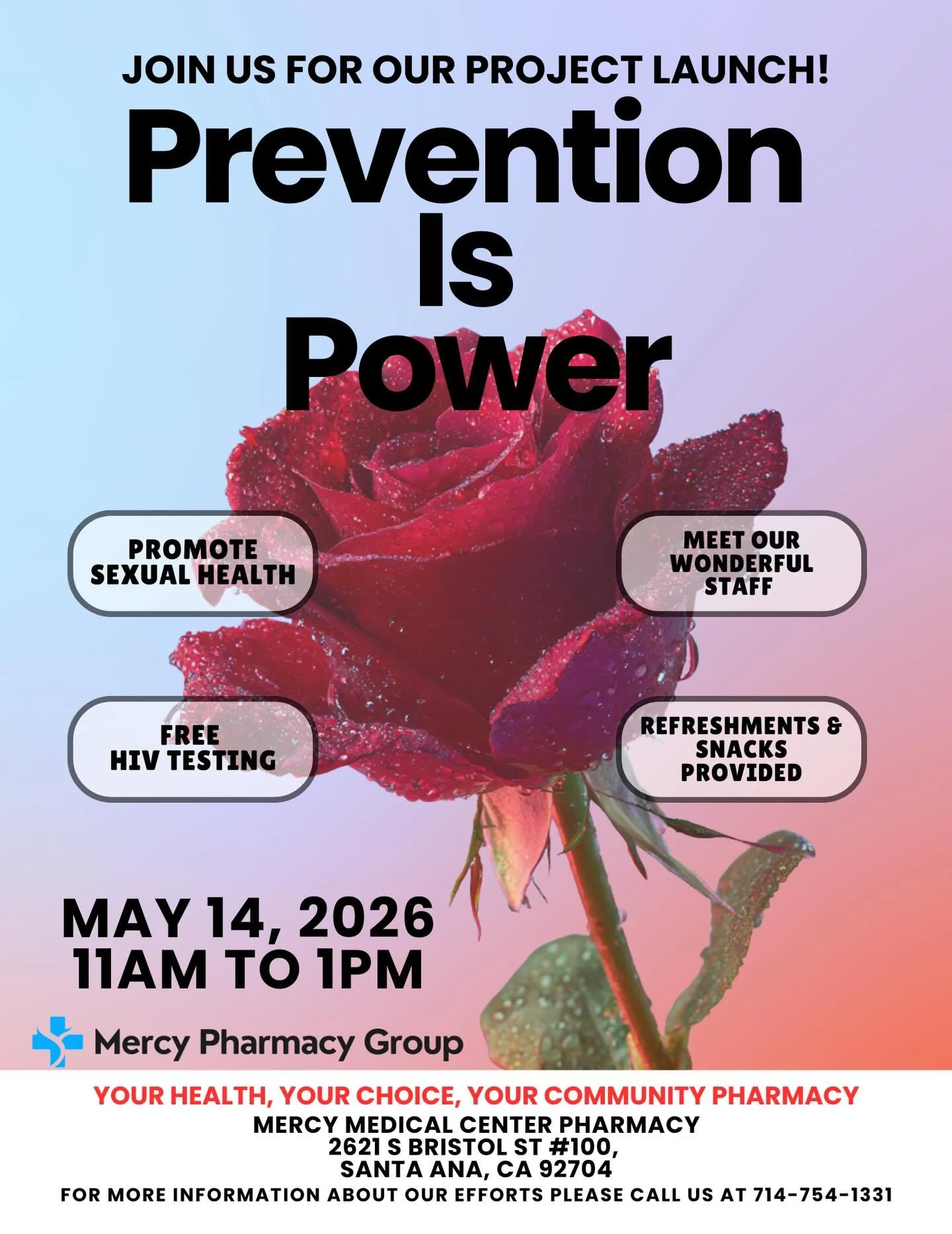 Join Mercy Health and Mercy Pharmacy Group for our sexual health and testing Open House event at Mercy Medical Center in Santa Ana on Thursday, 5/14 from 11AM-1PM! 

Mercy Health is partnering with Mercy Pharmacy Group to offer free in-pharmacy and m