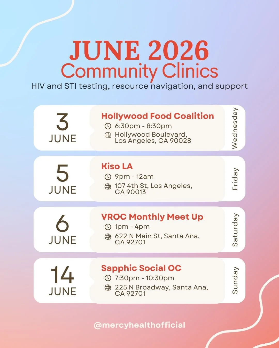 Swipe to check out where Mercy Health will be this month, providing sexual health services, testing, and support!

Mercy Health is partnering with Mercy Pharmacy Group to offer free in-pharmacy and mobile HIV and STI testing services! Testing is fast