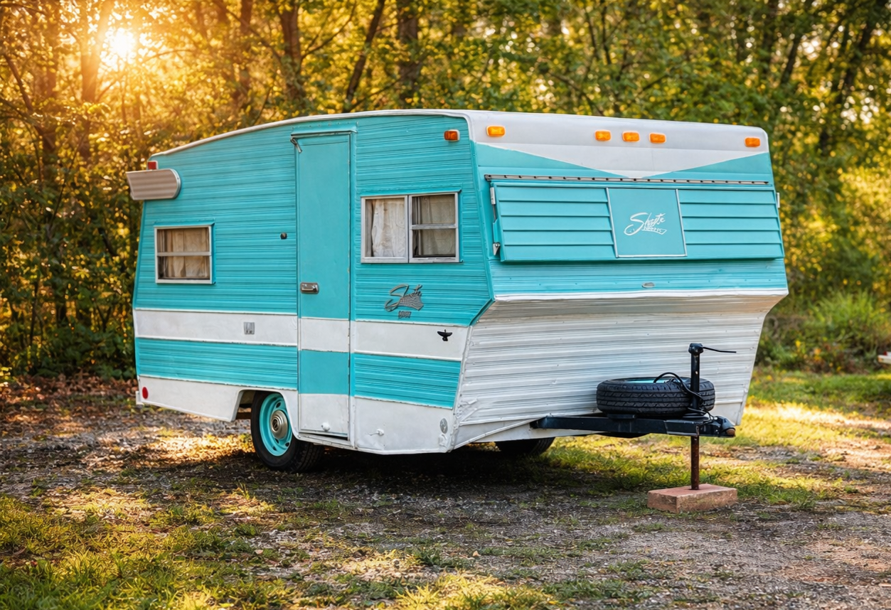 A vintage blue and white travel trailer parked outdoors on a grassy area with trees in the background during sunset.