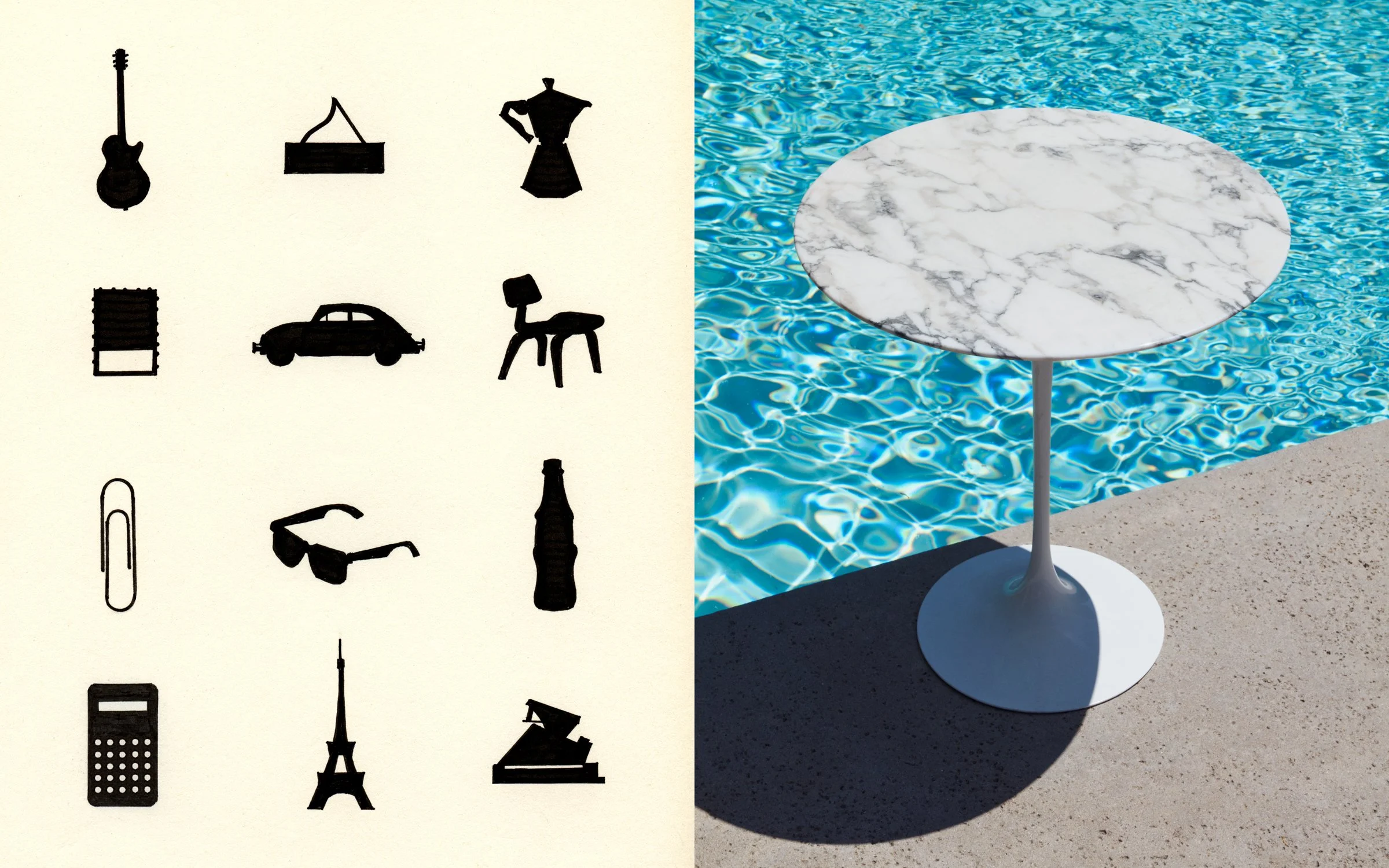 Word 48, Iconic, featuring black silhouette icons of various objects on the left side and a round marble table next to a swimming pool on the right side.