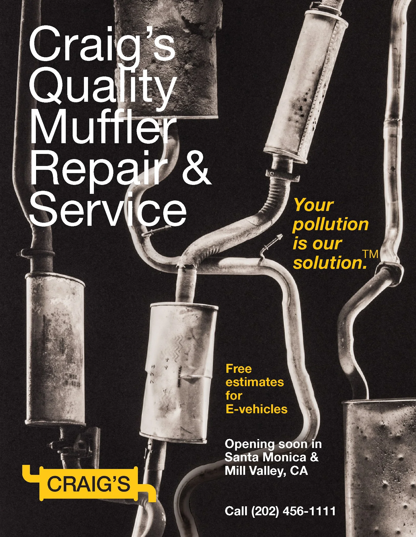 Image of car mufflers with overlaid text advertising Craig's Quality Muffler Repair & Service in Santa Monica and Mill Valley, California, including contact information. The background features several mufflers and exhaust pipes in black and white.