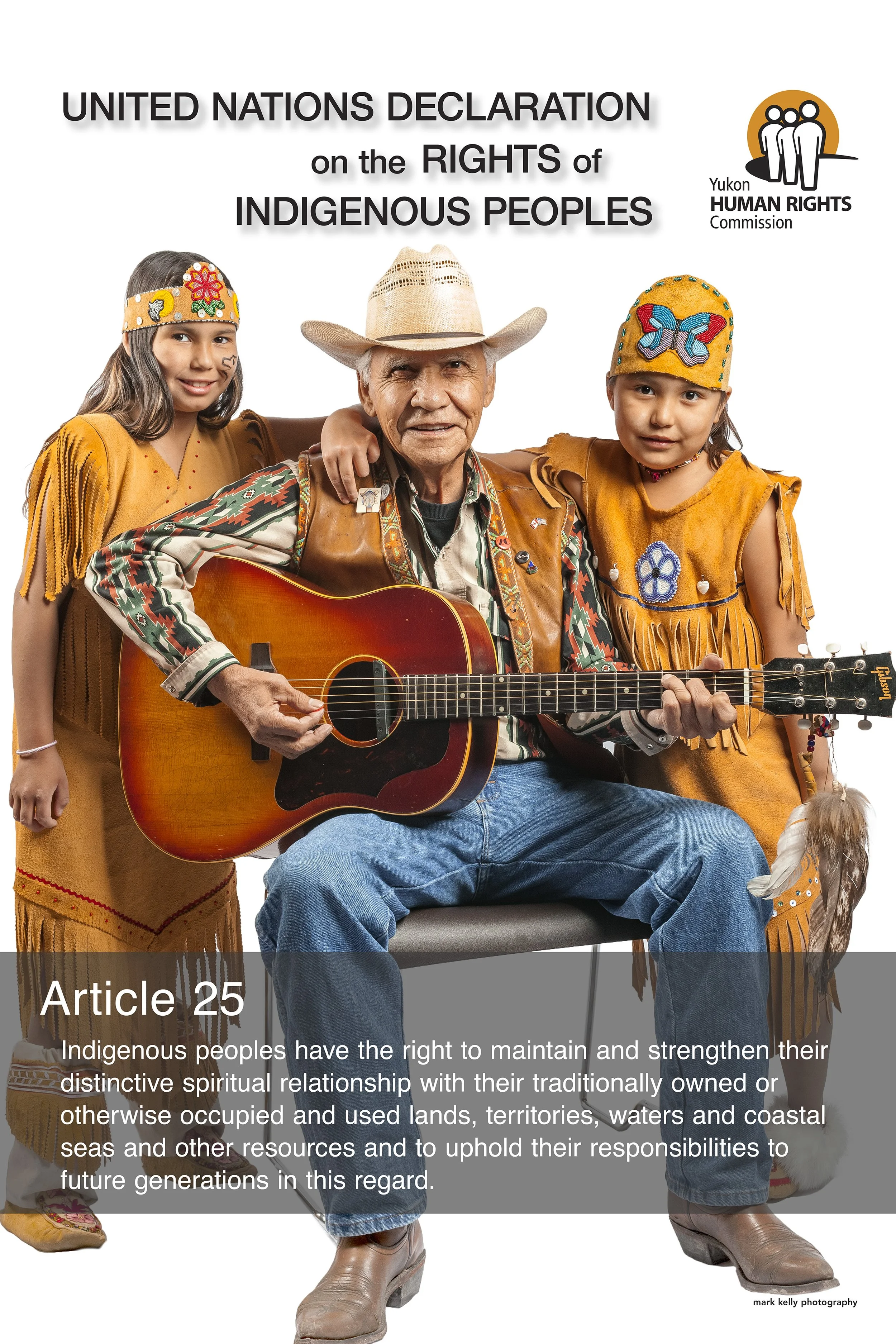 Indigenous elder with guitar and children in traditional clothing, promoting United Nations Declaration on the Rights of Indigenous Peoples, Article 25.