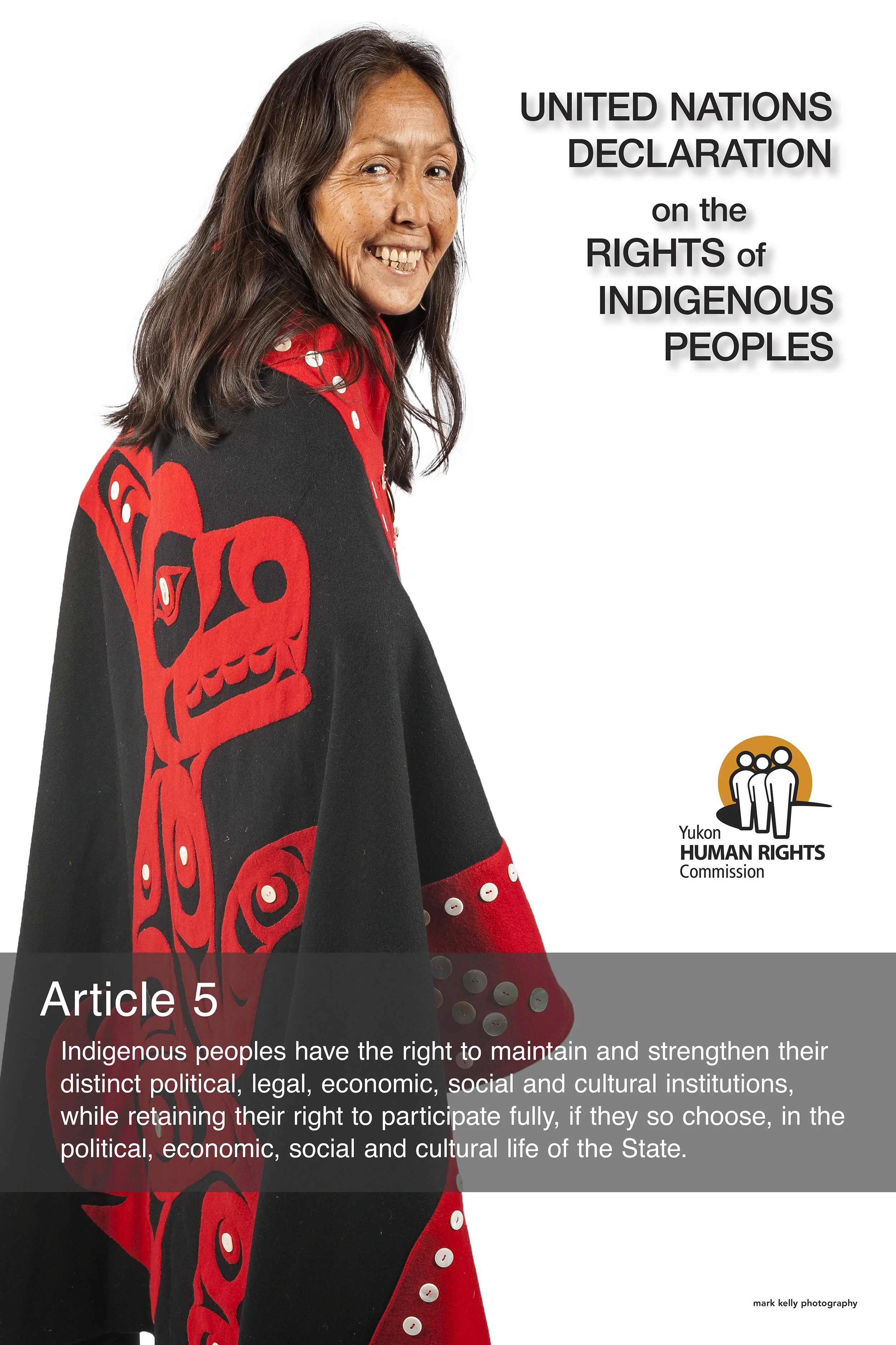 Indigenous person in traditional attire with text about United Nations Declaration on Indigenous Rights, Article 5, and Yukon Human Rights Commission logo.
