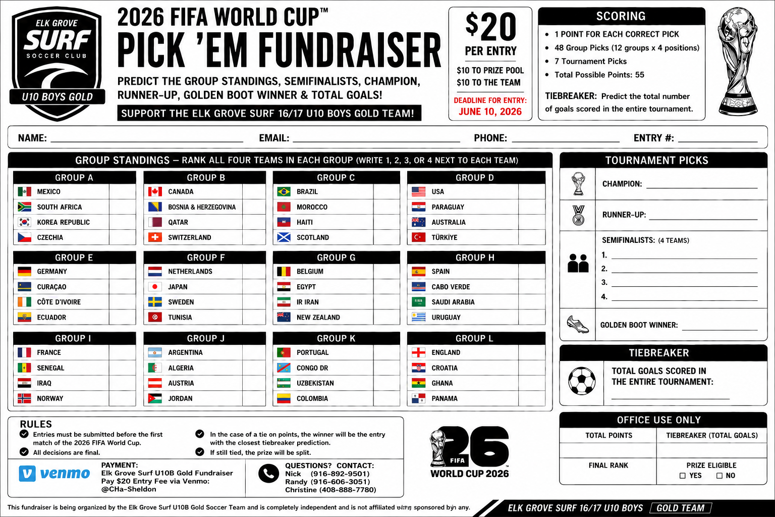 World Cup Raffle Fundraiser for the Elk Grove Surf U10B Gold
