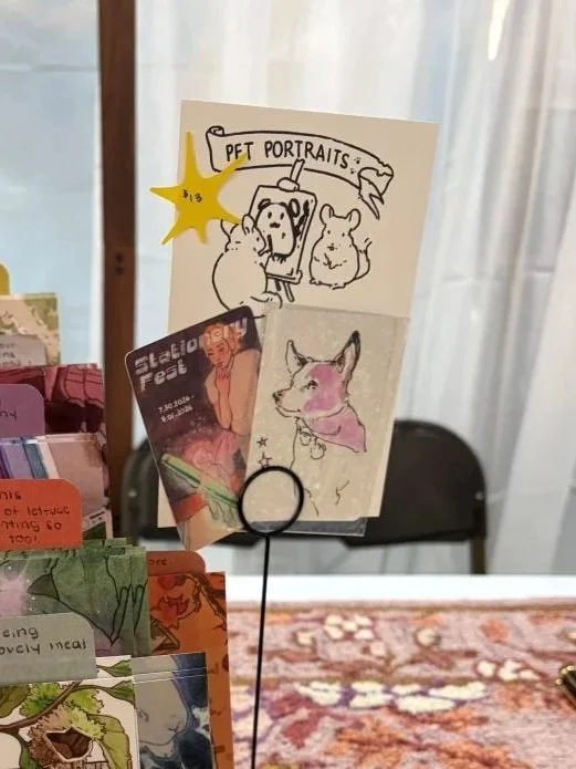 My sign and sample portrait!

I used fountain pen ink, pencil, and sometimes some diluted pink watercolor to complete each pet portrait.