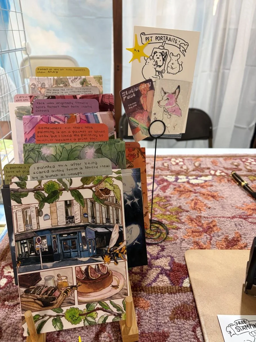 I offered a small selection of prints that guests could browse while waiting for their pet portraits. I paint primarily in fountain pen and watercolor, fitting for a stationery festival, so showcased a few of of my favorites.