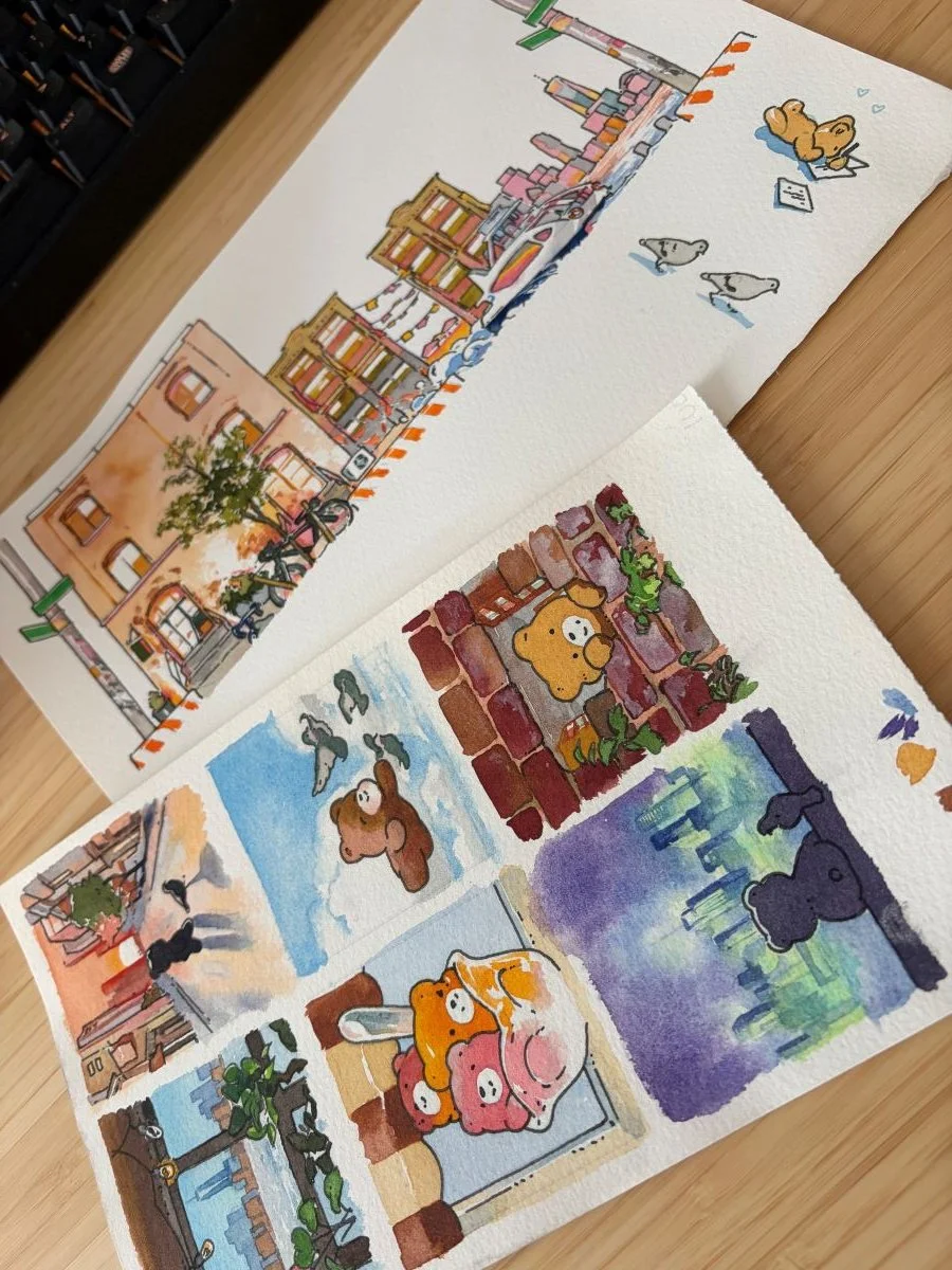 I painted the sticker labels in watercolor too, and accidentally drew them far too big for the packaging.