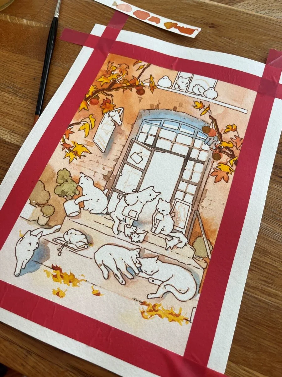 I painted the postcard design in fountain pen ink and watercolor! You can see in the corner of the picture a little swatch card where I tested the colors. I wanted to keep the colors warm and fall-toned.