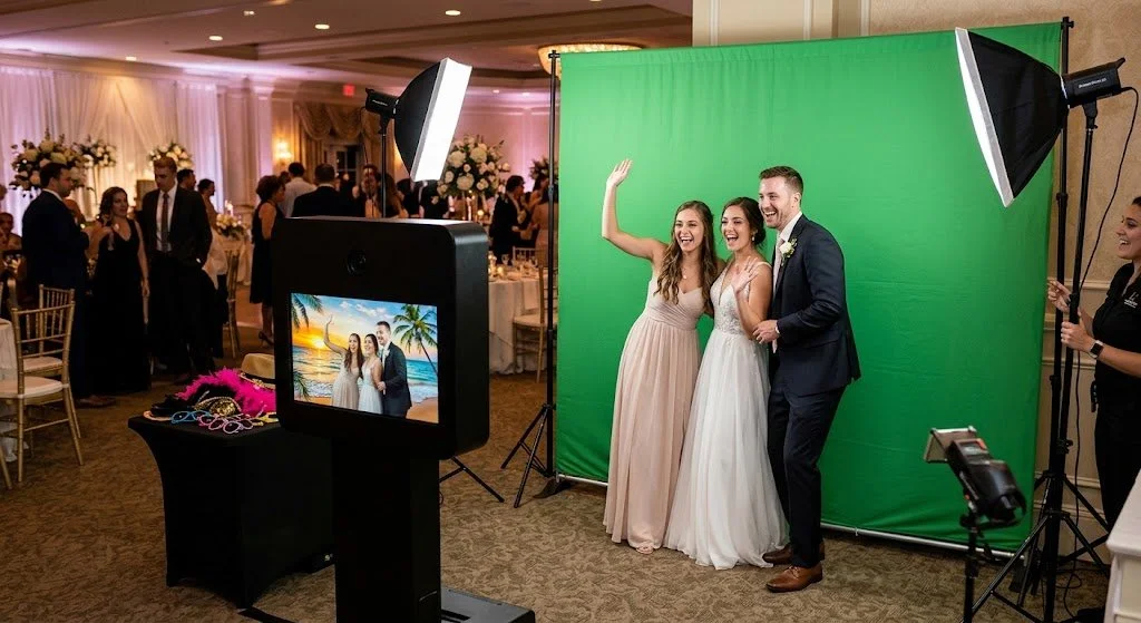 A bride, groom, and bridesmaid smiling and waving in front of a large green screen backdrop at an indoor evening reception, while a modern photo booth kiosk displays a digital preview of them composite-edited onto a tropical beach background.