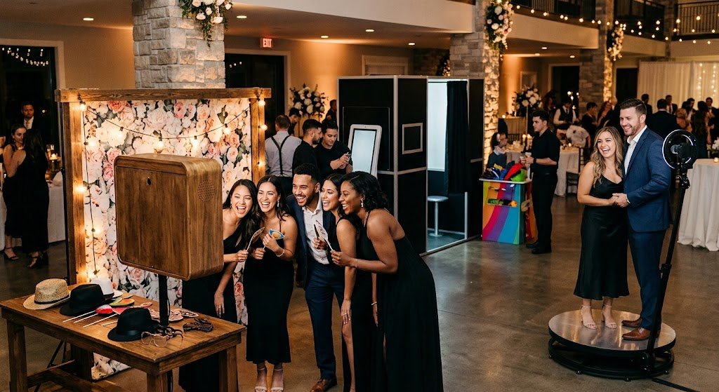Guests enjoying multiple photo booth experiences at an elegant New Jersey event, including a vintage-style booth, enclosed photo booth, and 360 photo booth.