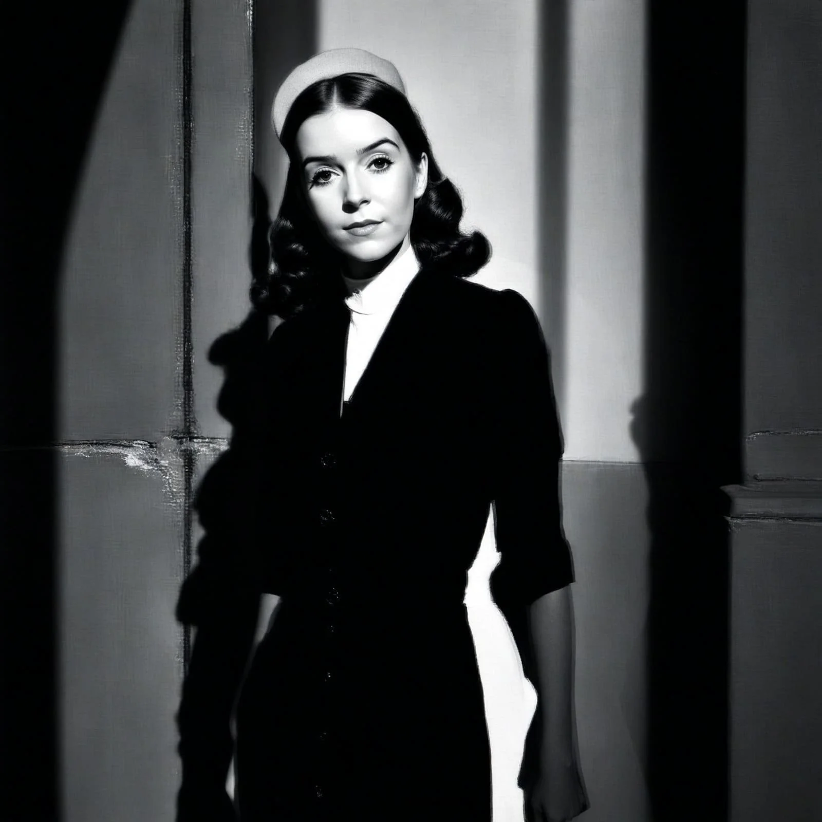 Black and white portrait of a woman with dark wavy hair, wearing a beret and formal attire, standing against a wall with shadows and curtains.