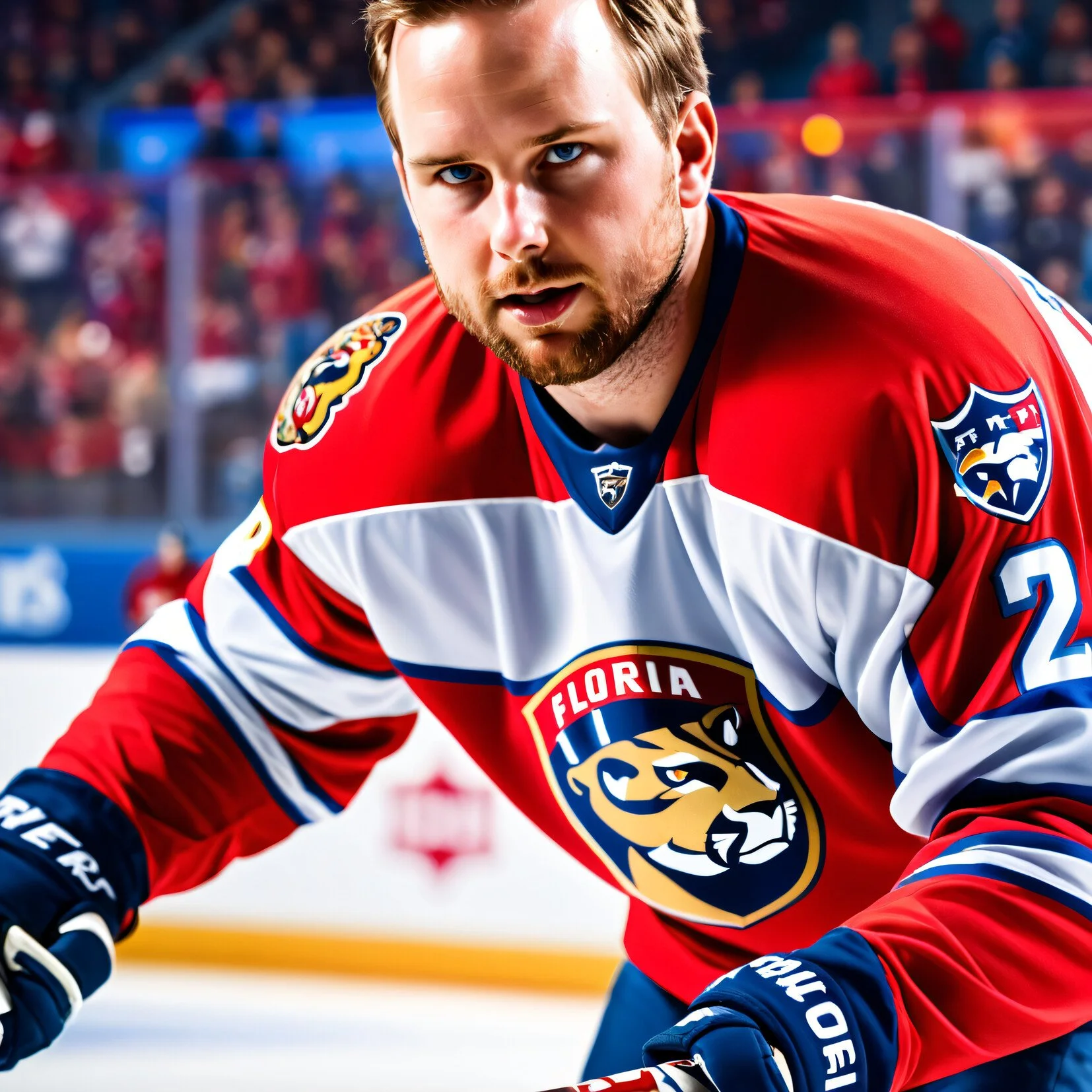 A male ice hockey player in a red, white, and blue Florida Panthers jersey on the ice hockey rink with fans blurred in the background.