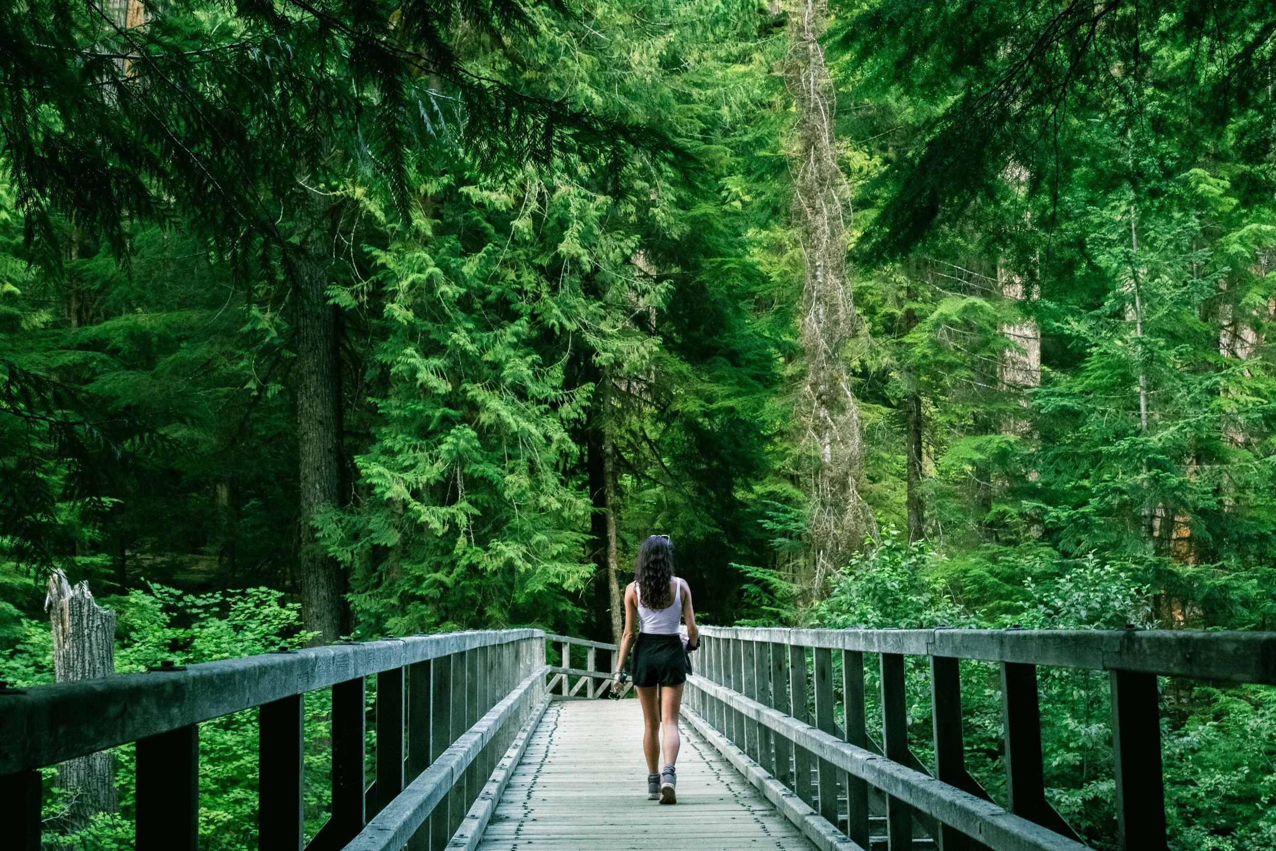 A woman walking on a wooden bridge through a dense green forest.