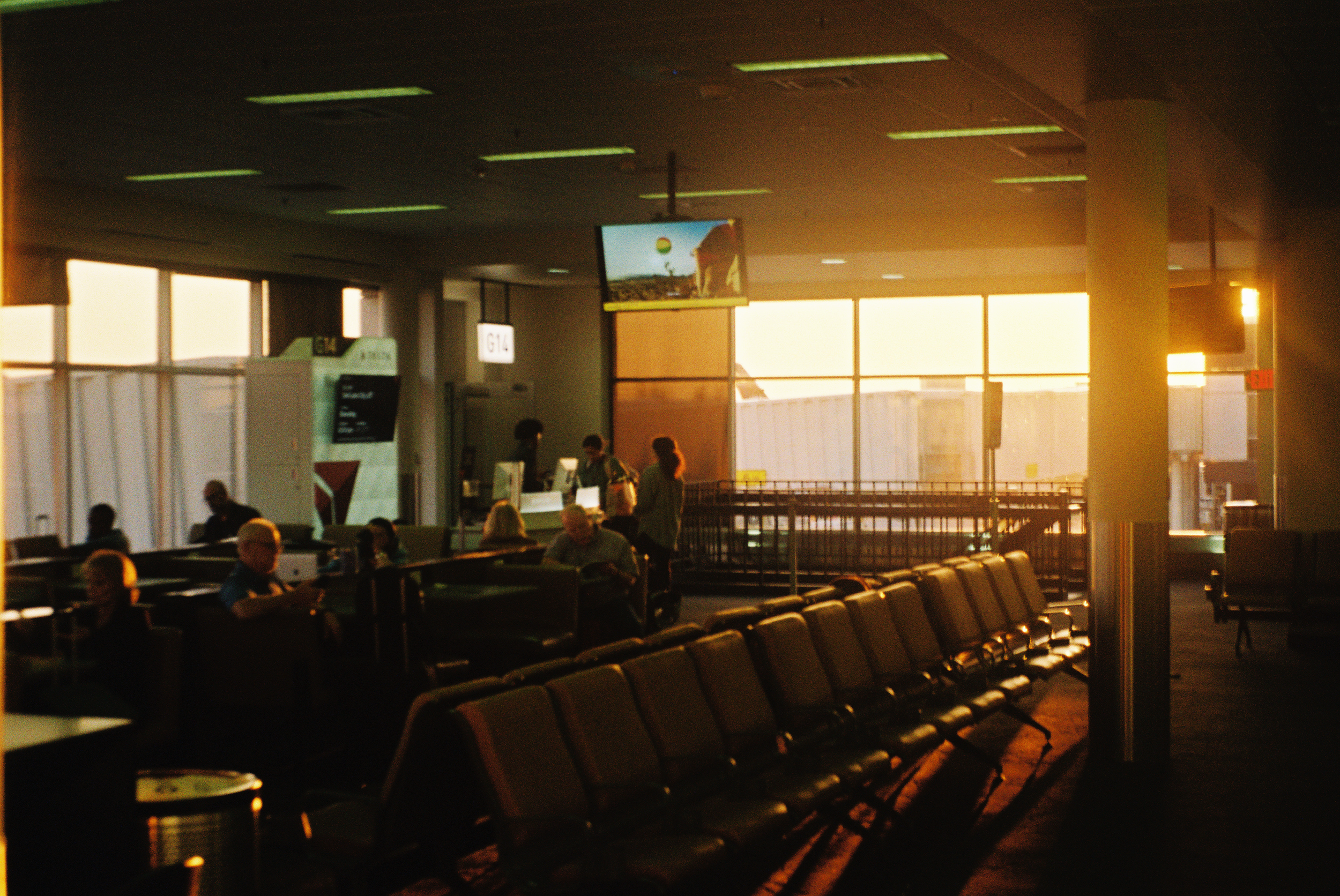 An airport at sunset