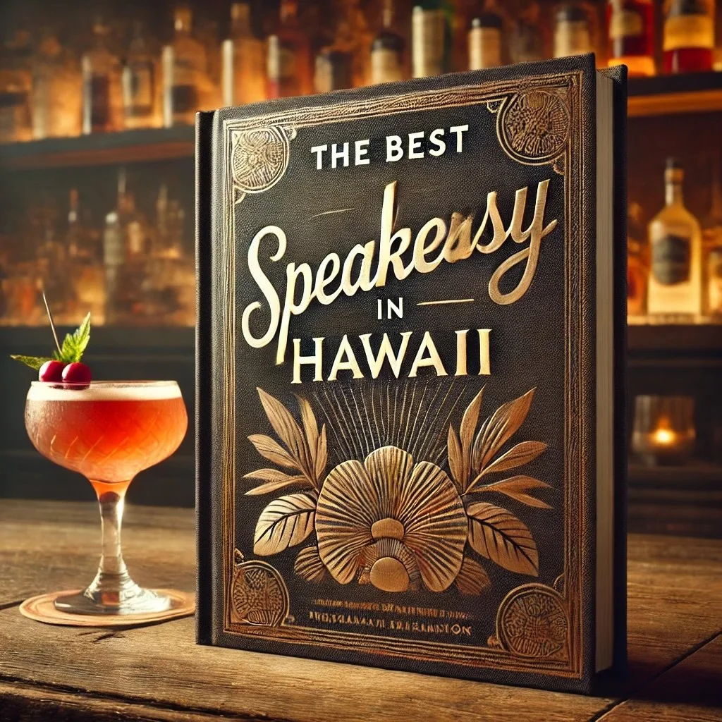 DALL·E 2025-02-11 22.50.05 - A realistic, photographic-style book cover featuring the title 'The Best Speakeasy in Hawaii'. The book is placed on a wooden bar counter with a dimly.jpg