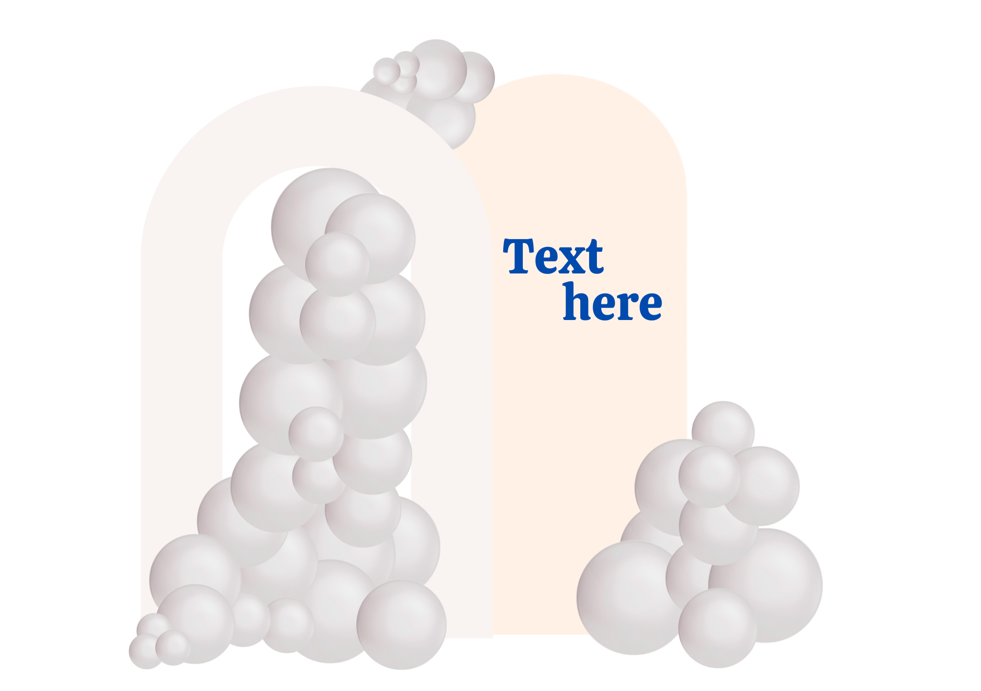 Abstract graphic featuring a cluster of white bubbles and a beige arch with the text 'Text here' in blue.