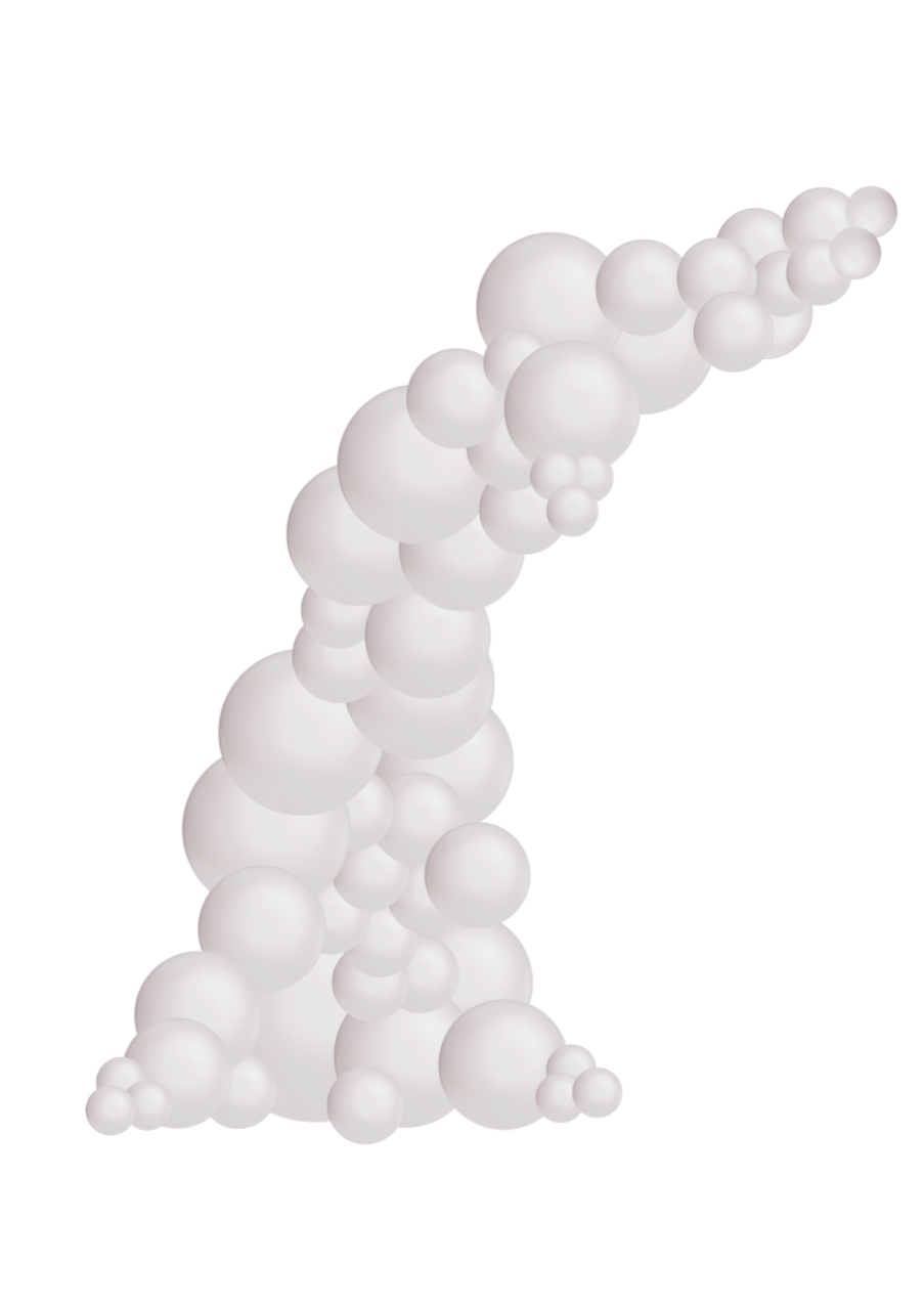 A 3D abstract sculpture made of white spheres of varying sizes, shaped like a curved, elongated structure.