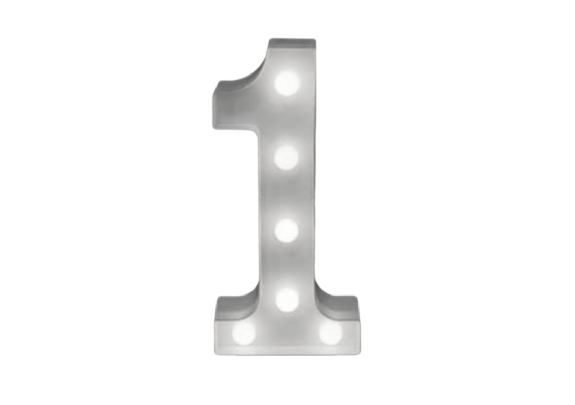 A metallic marquee letter '1' with built-in white lights.