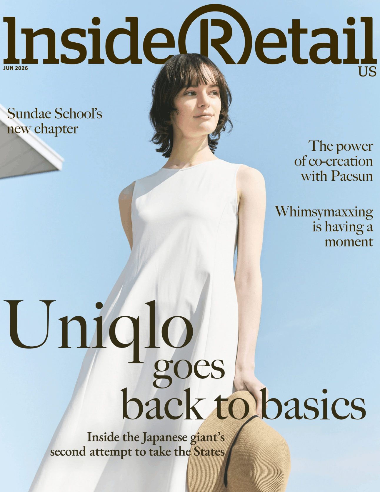 Cover of Inside Retail magazine, June 2026, featuring a woman with short dark hair wearing a white sleeveless dress, holding a straw hat, against a blue sky background.