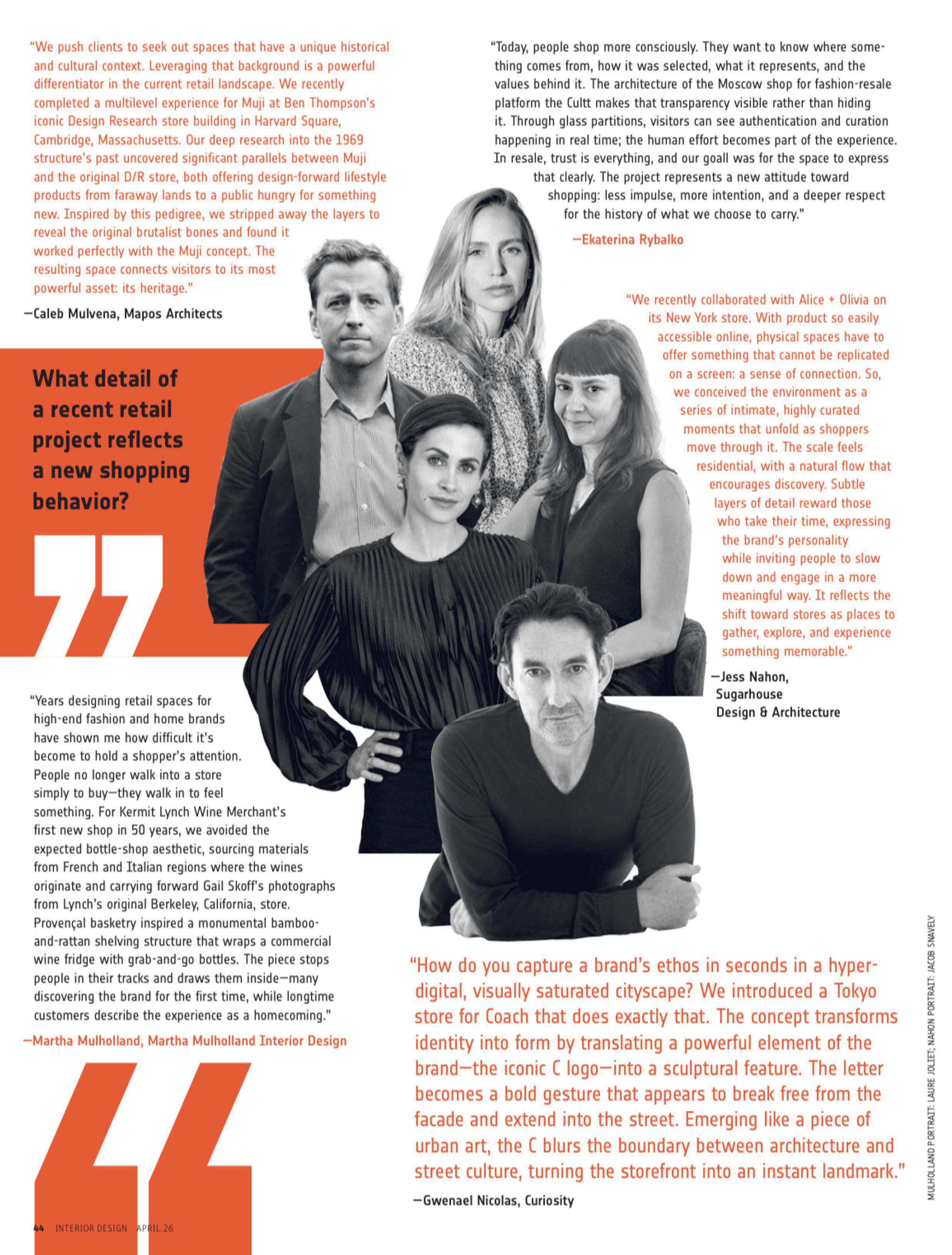 Page from an interior design magazine featuring black-and-white photographs of four design professionals, with columns of orange-colored text discussing retail space design and branding.