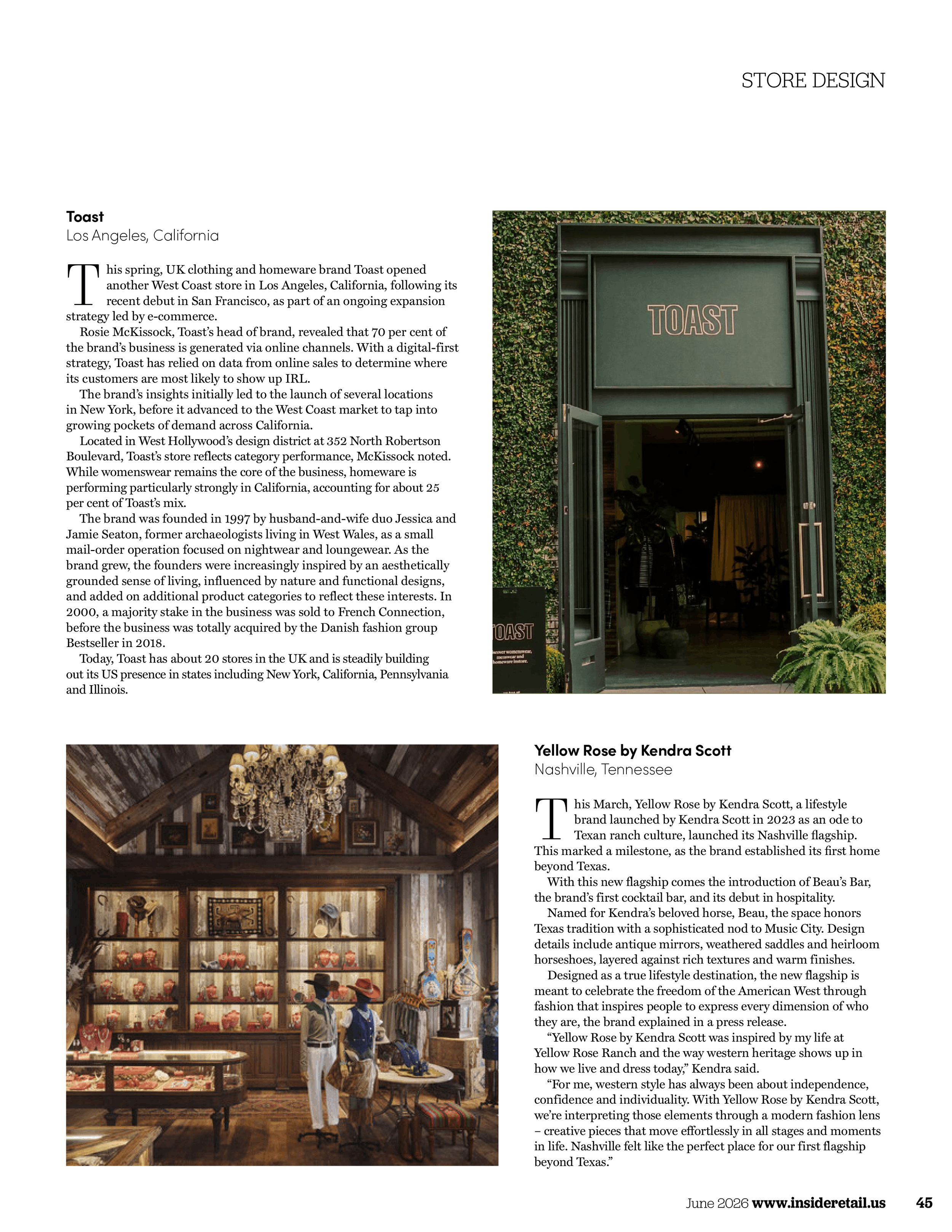 A magazine page with articles and images about store designs. The right side features a storefront entrance with a green facade and the word 'TOAST' displayed above the door. The lower part shows an interior with a chandelier and display shelves filled with various items.