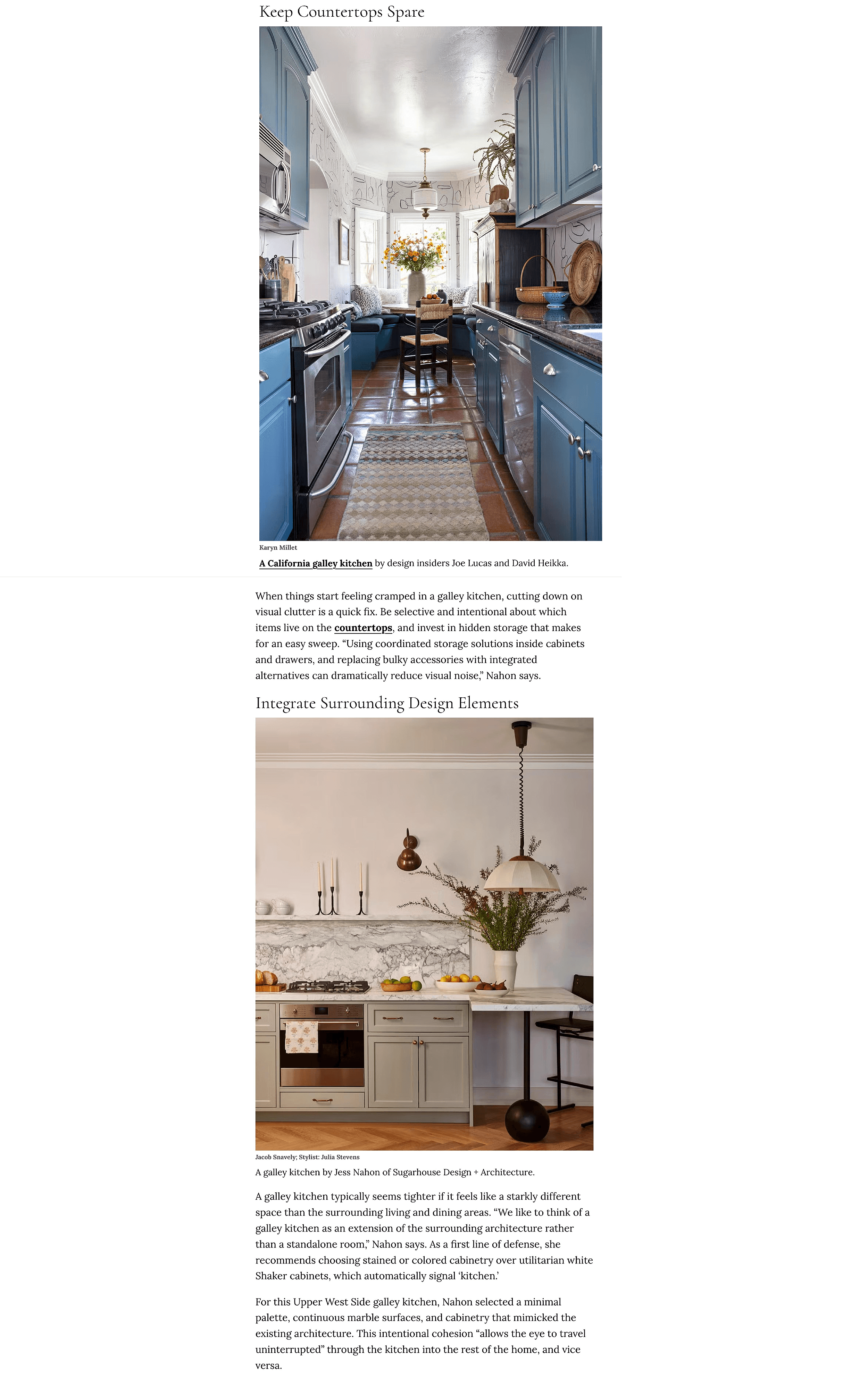 Two images of kitchens. The first kitchen is a modern California galley style with blue cabinetry, a small dining area at the bay window, and decorative items. The second kitchen features a white and gray color scheme with marble surfaces, minimal cabinetry, and decorative objects on the countertop and shelves.