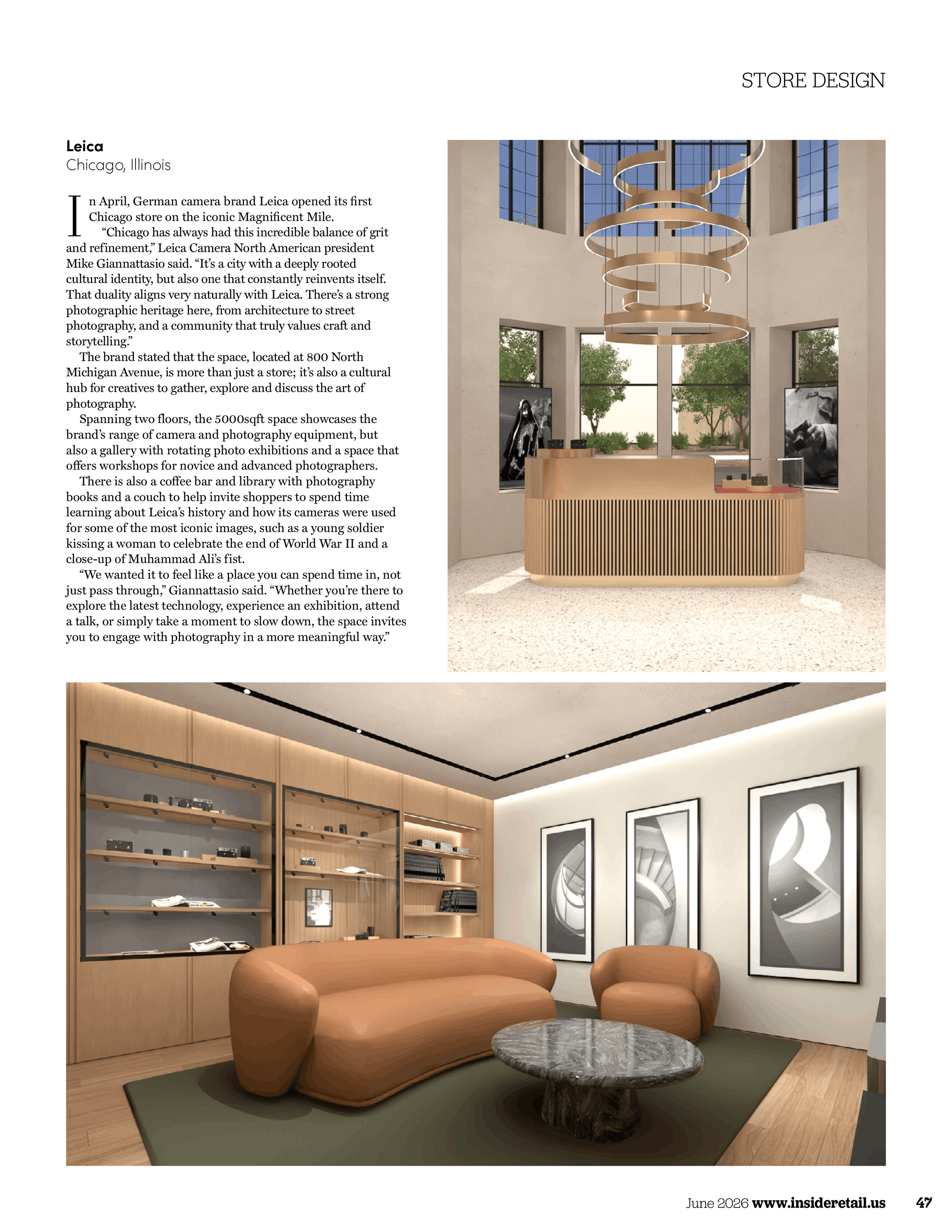 Interior view of a modern gallery or showroom with light wood floors, framed black-and-white art prints on the wall, a tan leather sofa, a matching armchair, and a round marble table. The room has artwork, display shelves, and curved lighting fixtures.