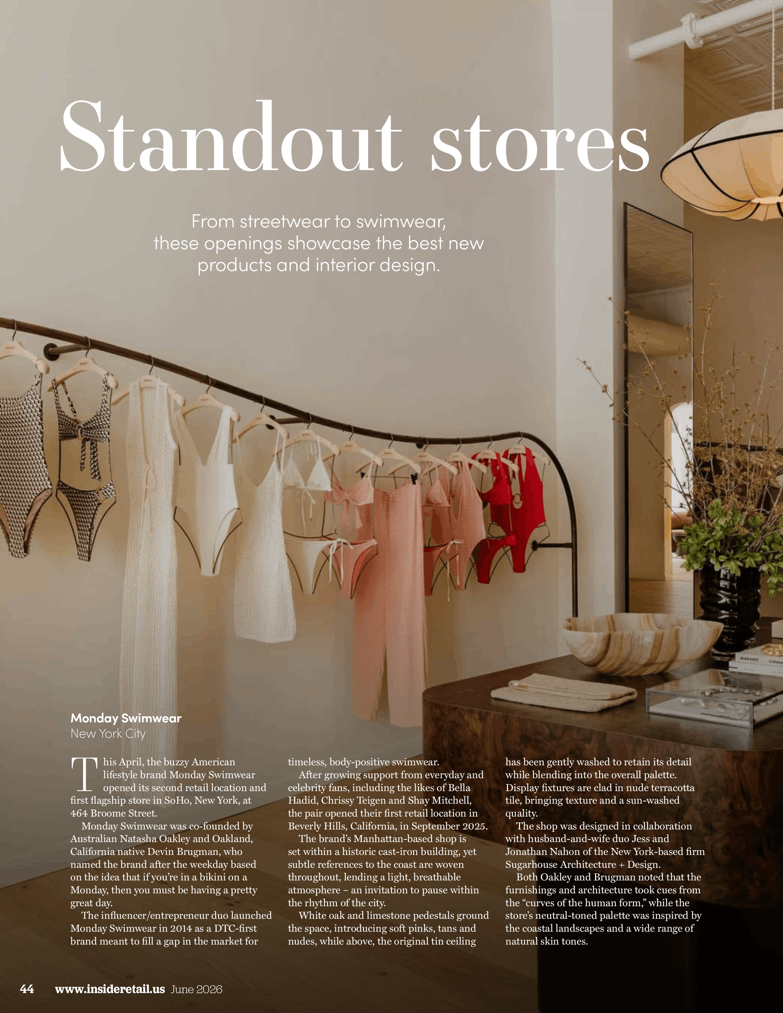 Magazine page titled "Standout stores" with a photo of a clothing display rack featuring various white and red swimwear items and a side table with a wooden bowl, a rolled towel, and a plant. The article discusses Monday Swimwear's store opening and design details, published in June 2026.