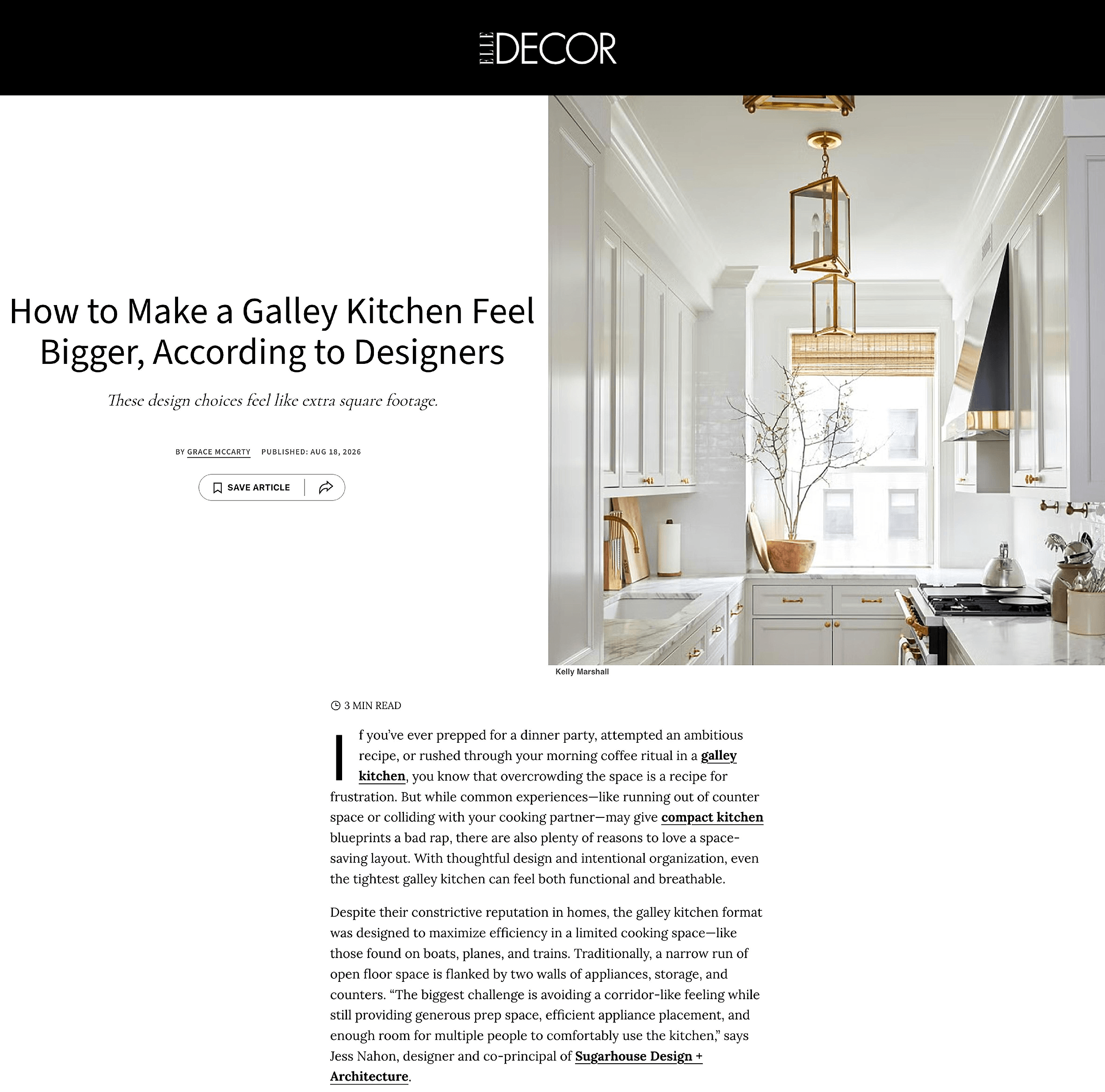 Cover of Elle Decor magazine article titled 'How to Make a Galley Kitchen Feel Bigger, According to Designers,' with a photo of a bright galley kitchen with white cabinets, gold handles, and pendant lights.